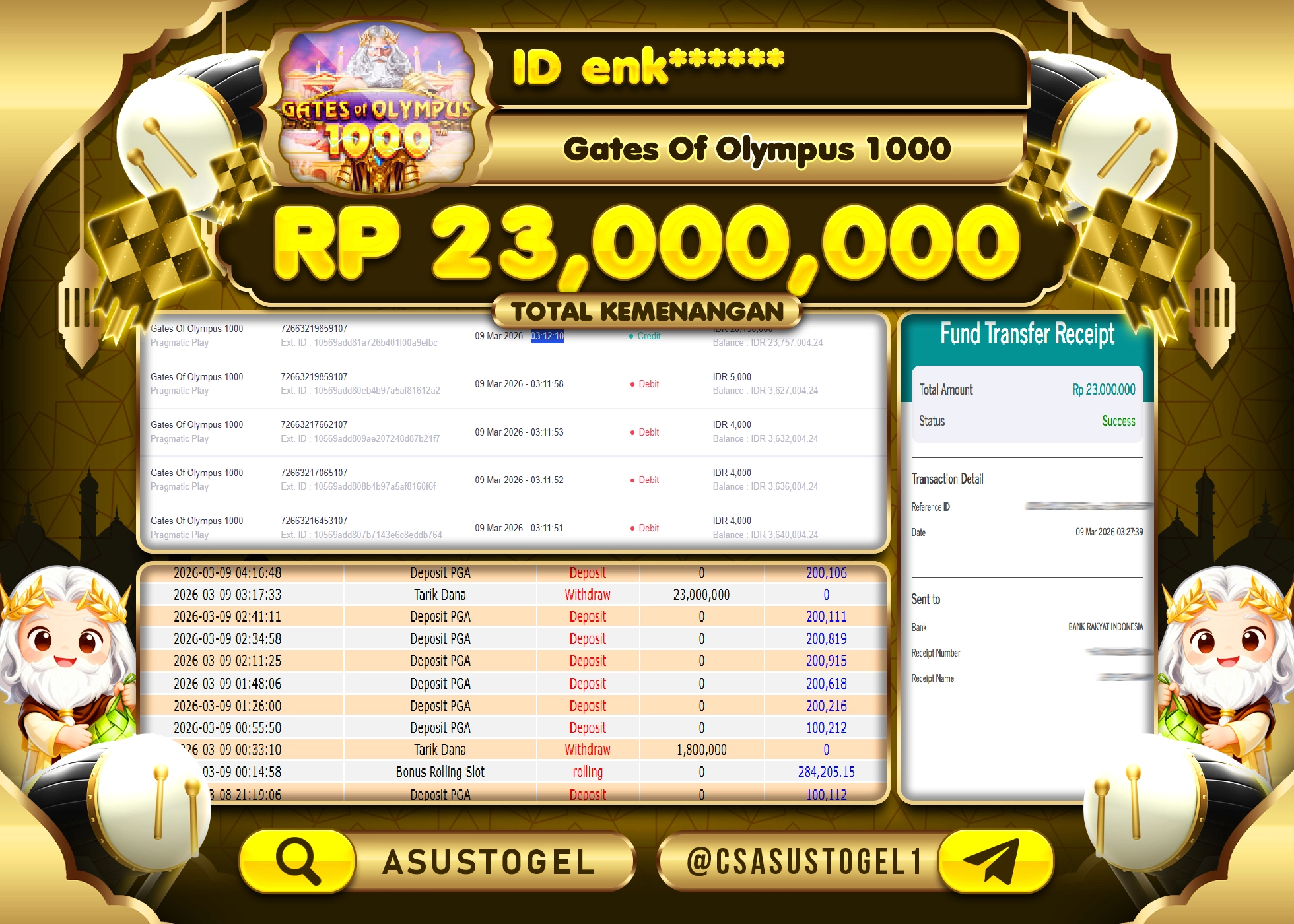 ASUSTOGEL KEMENANGAN DI SLOT GATES OF OLYMPUS 1000 SEBESAR 23,000,000 - RUPIAH LUNAS