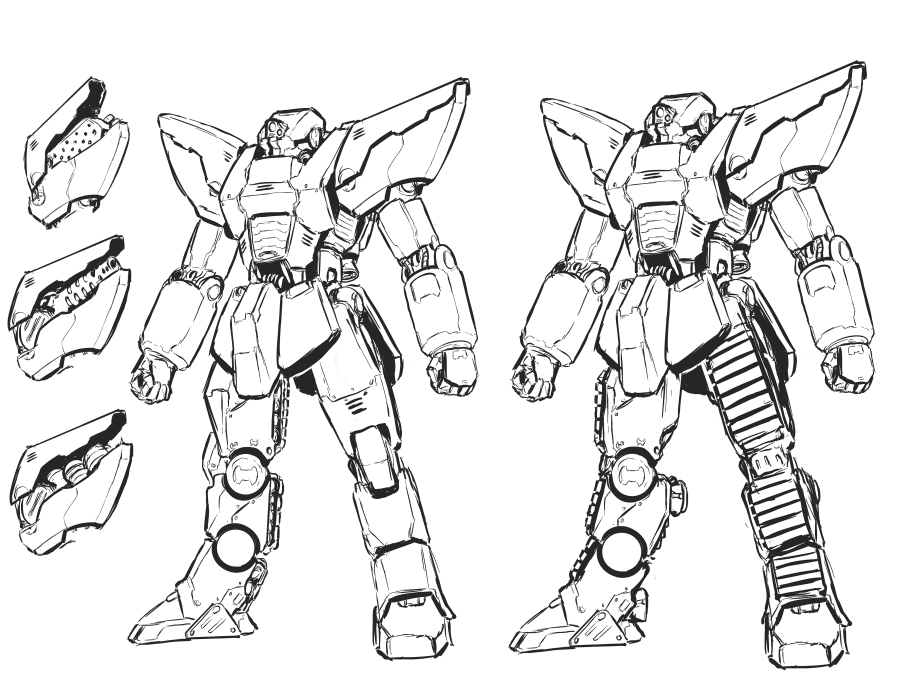 First sketches for the Three Cheers! with treads both on the front and back of the legs, and with 3 payload bay variants.