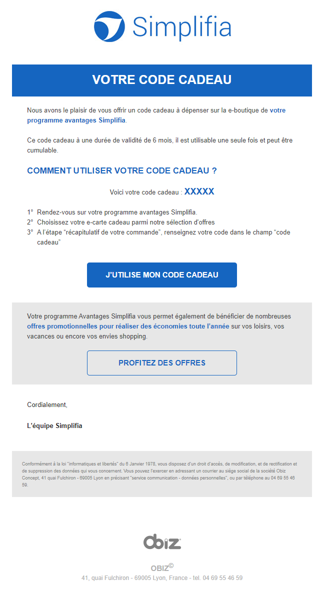 Pour accéder plus facilement à la plateforme Obiz, il est possible de cliquer sur "J"utilise mon code cadeau". Vous serez redirigé sur Obiz en étant connecté. 