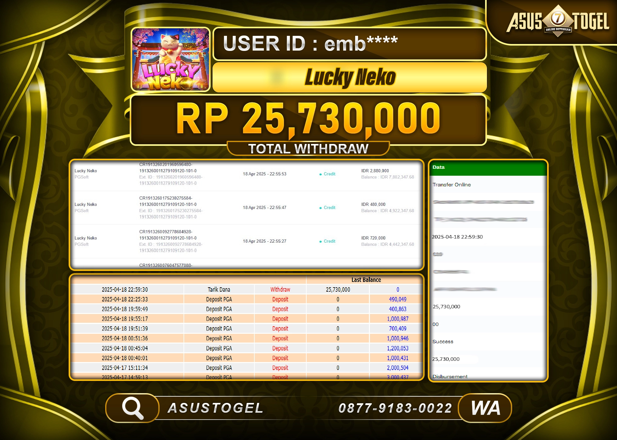 ASUSTOGEL KEMENANGAN DI SLOT LUCKY NEKO SEBESAR 25,730,000- RUPIAH LUNAS