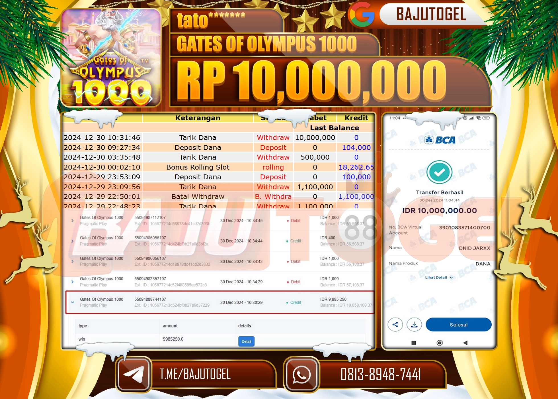 BAJUTOGEL JACKPOT GATES OF OLYMPUS 1000  Rp.10.000.000 LUNAS