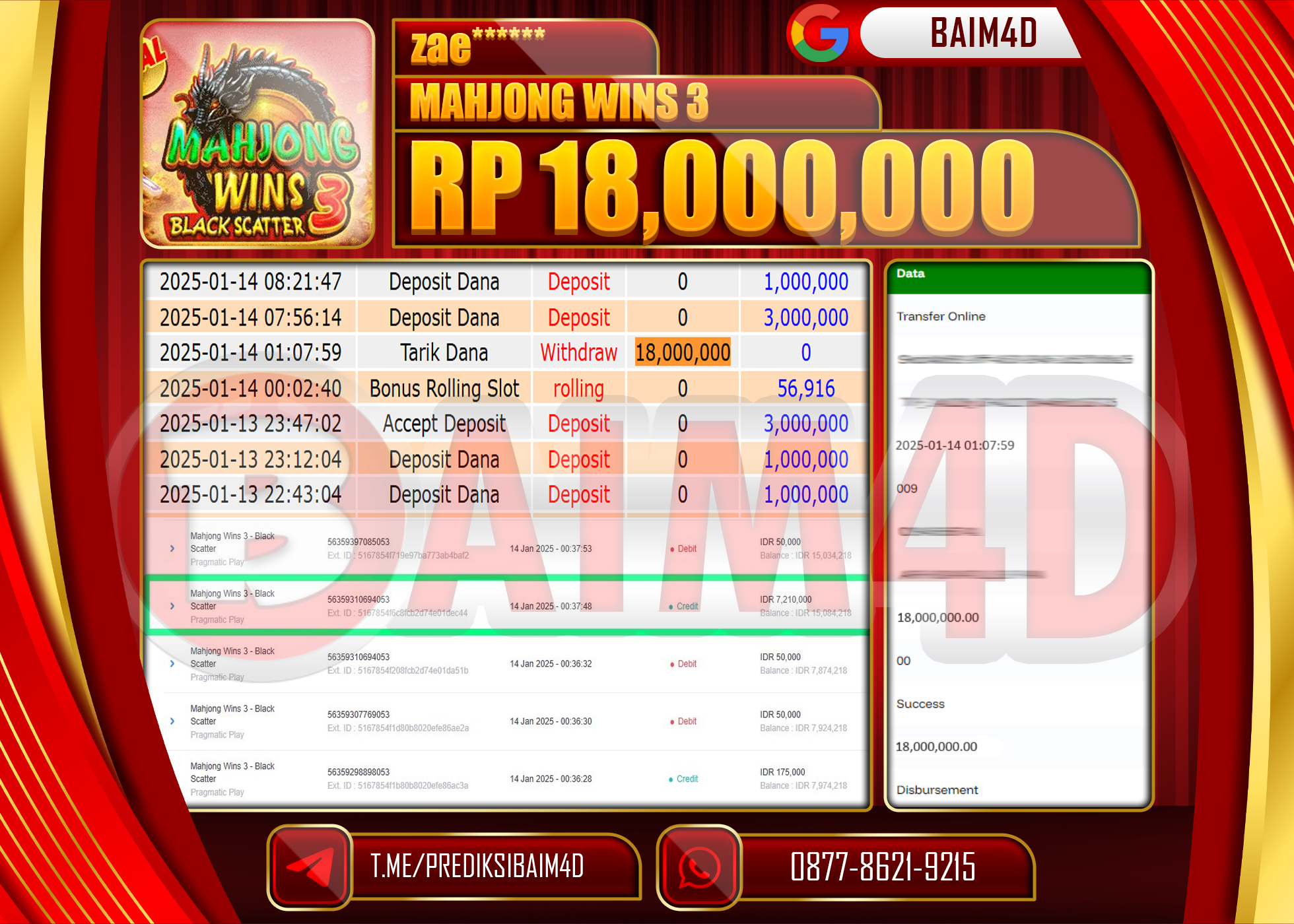 BAIM4D JACKPOT Menang Mahjong Wins 3  Rp.18,000,000.- LUNAS