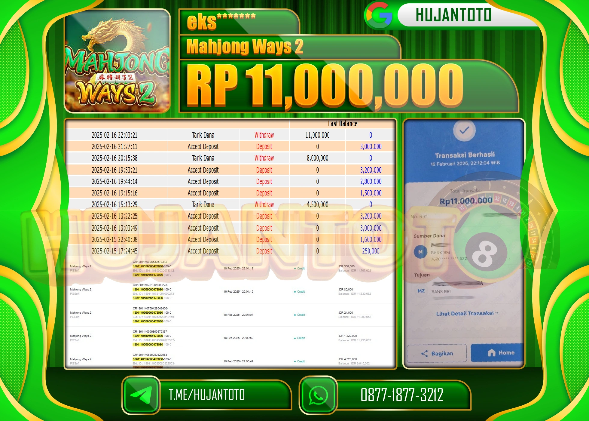 HUJANTOTO - BUKTI JACKPOT MENANG SLOT MAHJONG WAYS 2 Rp,11,000,000 - TERBAYAR LUNAS