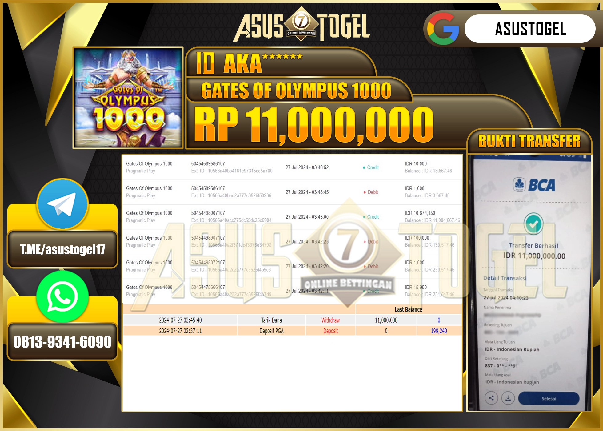 ASUSTOGEL KEMENANGAN DI GATES OF OLYMPUS 1000 SEBESAR 11,000,000- RUPIAH LUNAS
