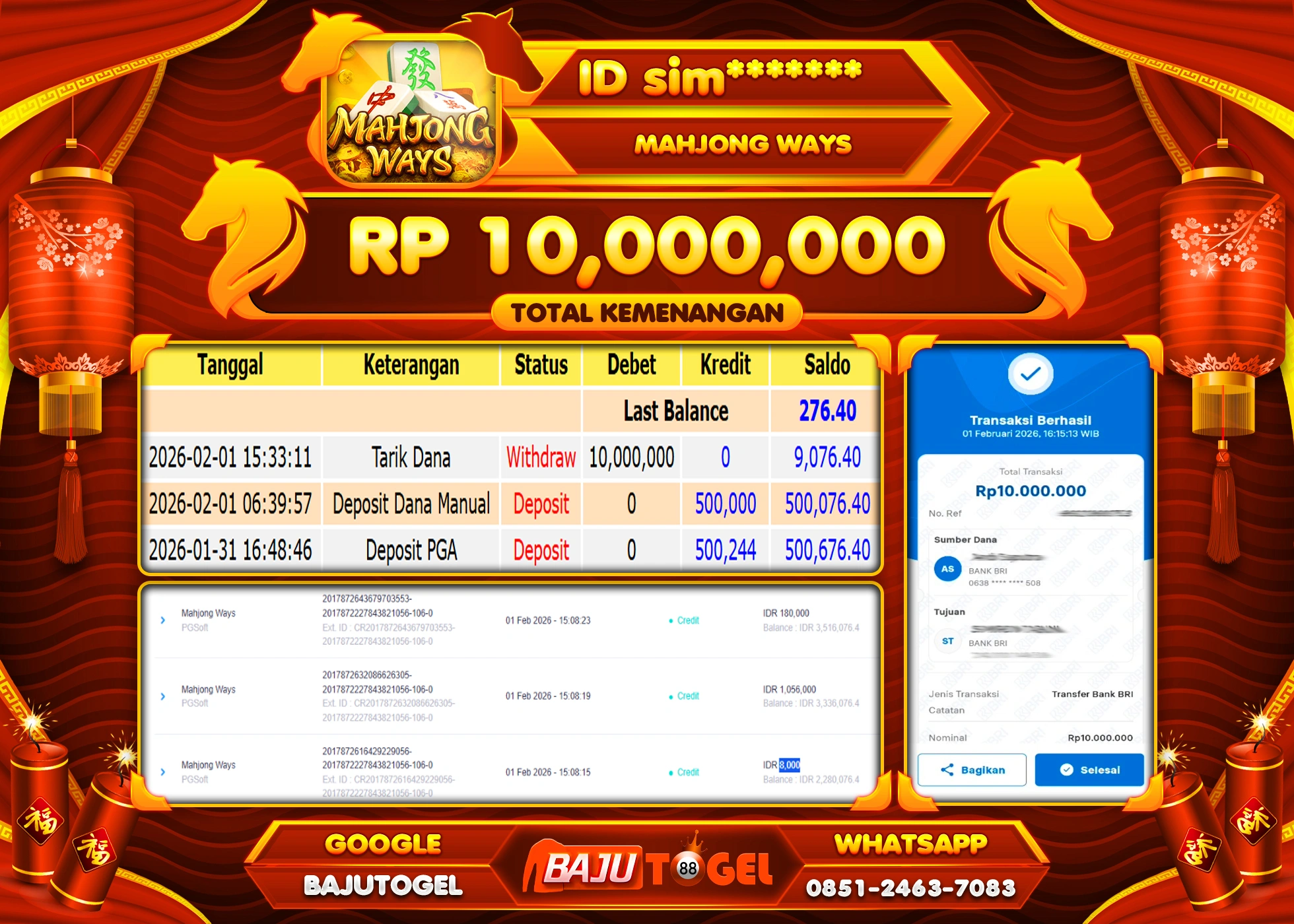 BAJUTOGEL KEMENANGAN JACKPOT DI SLOT PGSOFT MAHJONG WAYS Rp.10,000,000 LUNAS