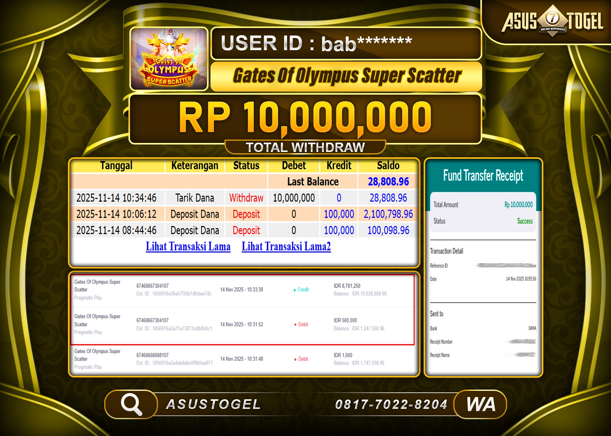 ASUSTOGEL KEMENANGAN DI SLOT GATES OF OLYMPUS SUPER SCATTER SEBESAR 10,000,000 - RUPIAH LUNAS
