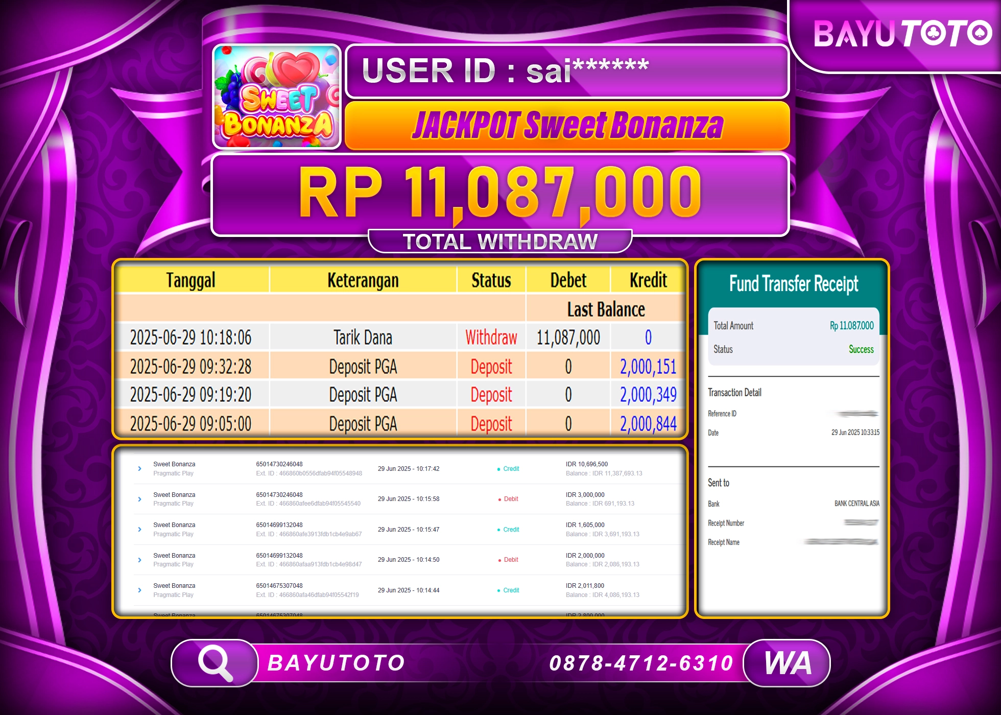 BAYUTOTO JACKPOT DI SLOT Sweet Bonanza Pragmatic Rp.11,087,000 LUNAS