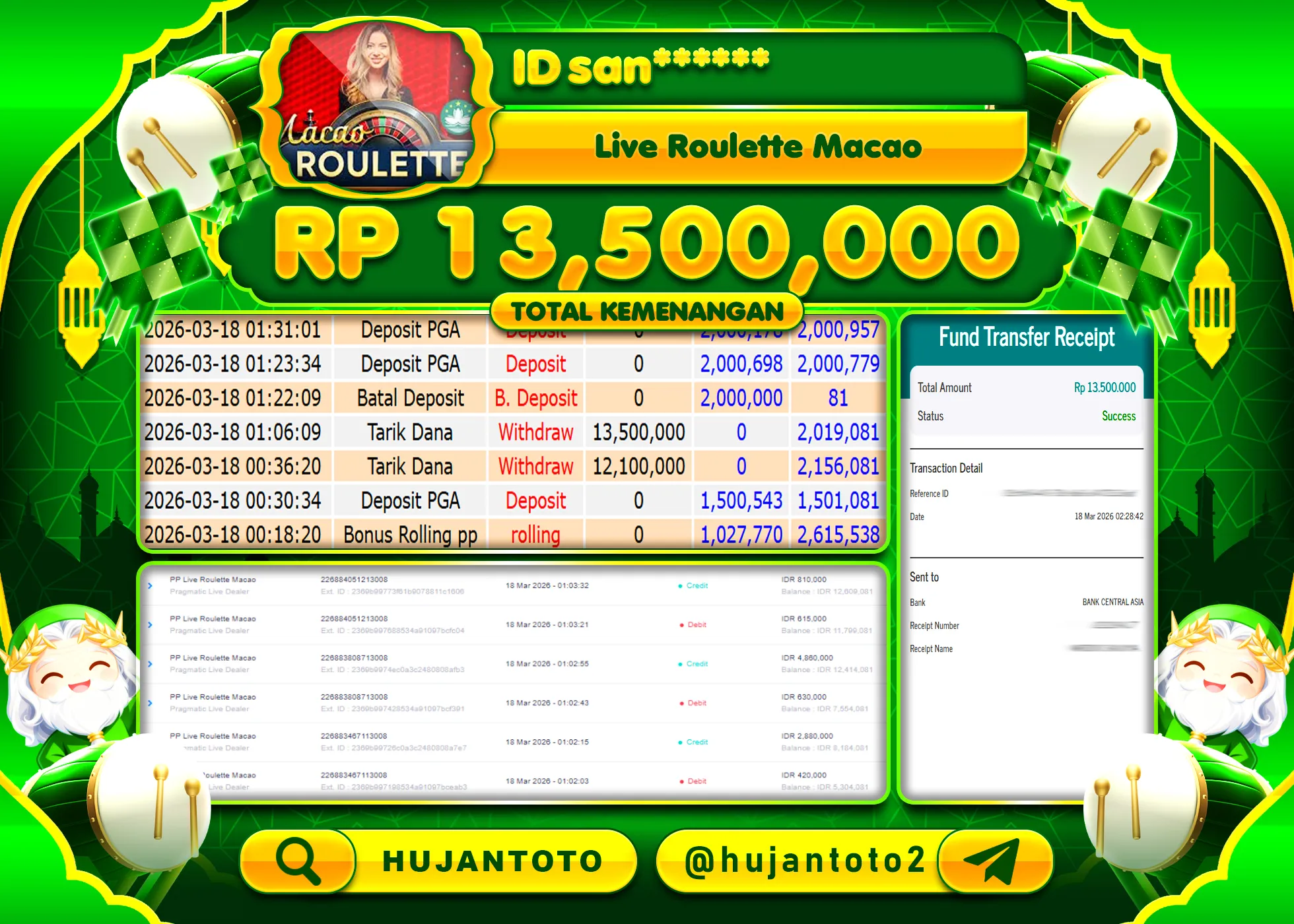 HUJANTOTO - BUKTI JACKPOT MENANG LIVEGAME LIVE ROULETTE MACAO Rp.13,500,000 - TERBAYAR LUNAS