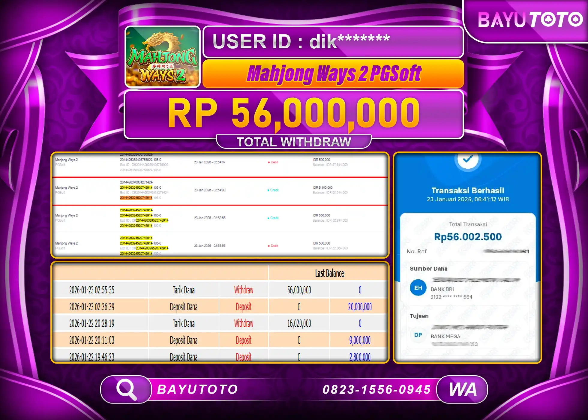 SELAMAT MEMBER SETIA BAYUTOTO JACKPOT DI SLOT MAHJONG WAYS 2 (PGSoft) Rp. 56,000,000 LUNAS
