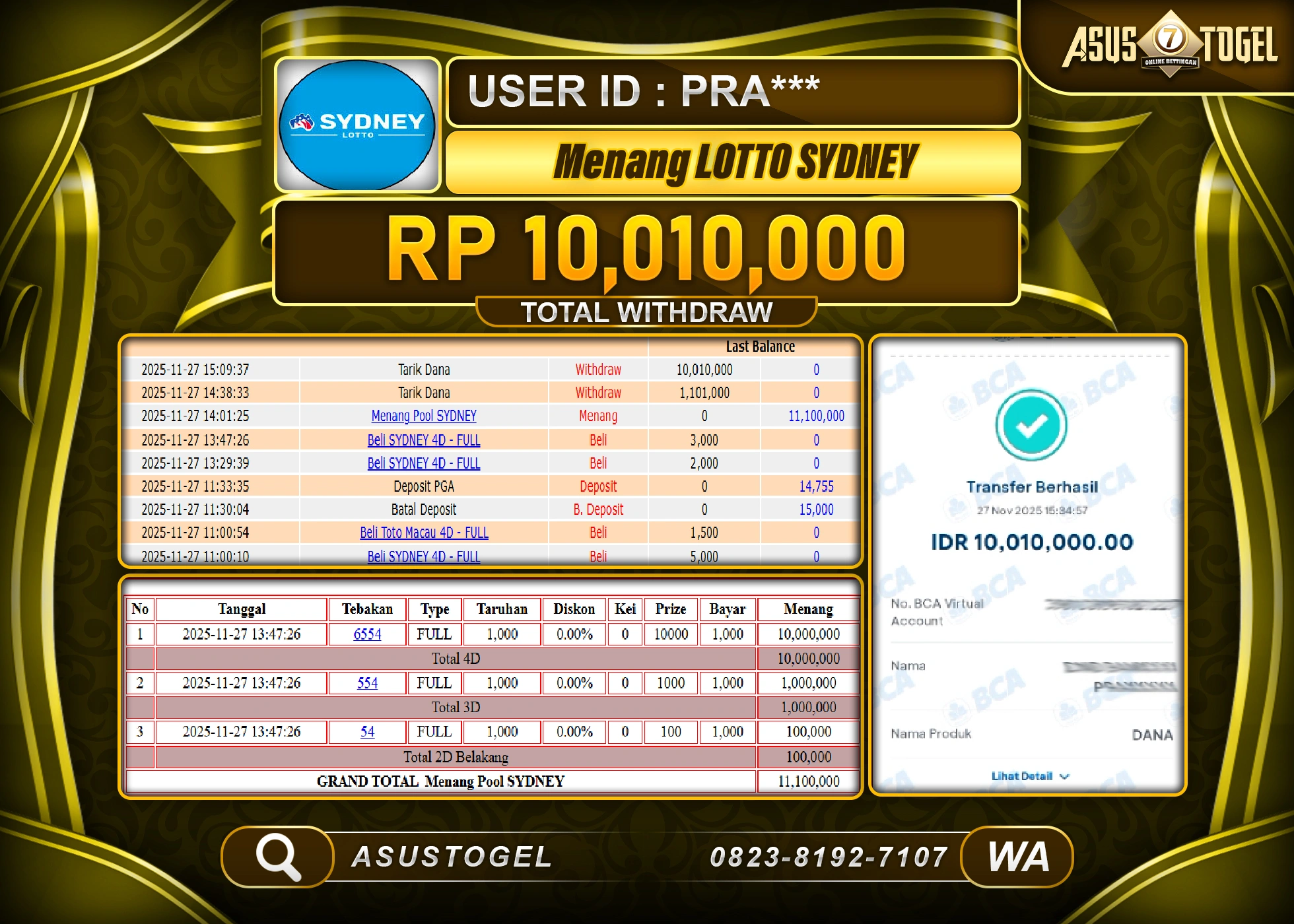 ASUSTOGEL KEMENANGAN DI TOGEL LOTTO SYDNEY SEBESAR 10,010,000 - RUPIAH LUNAS