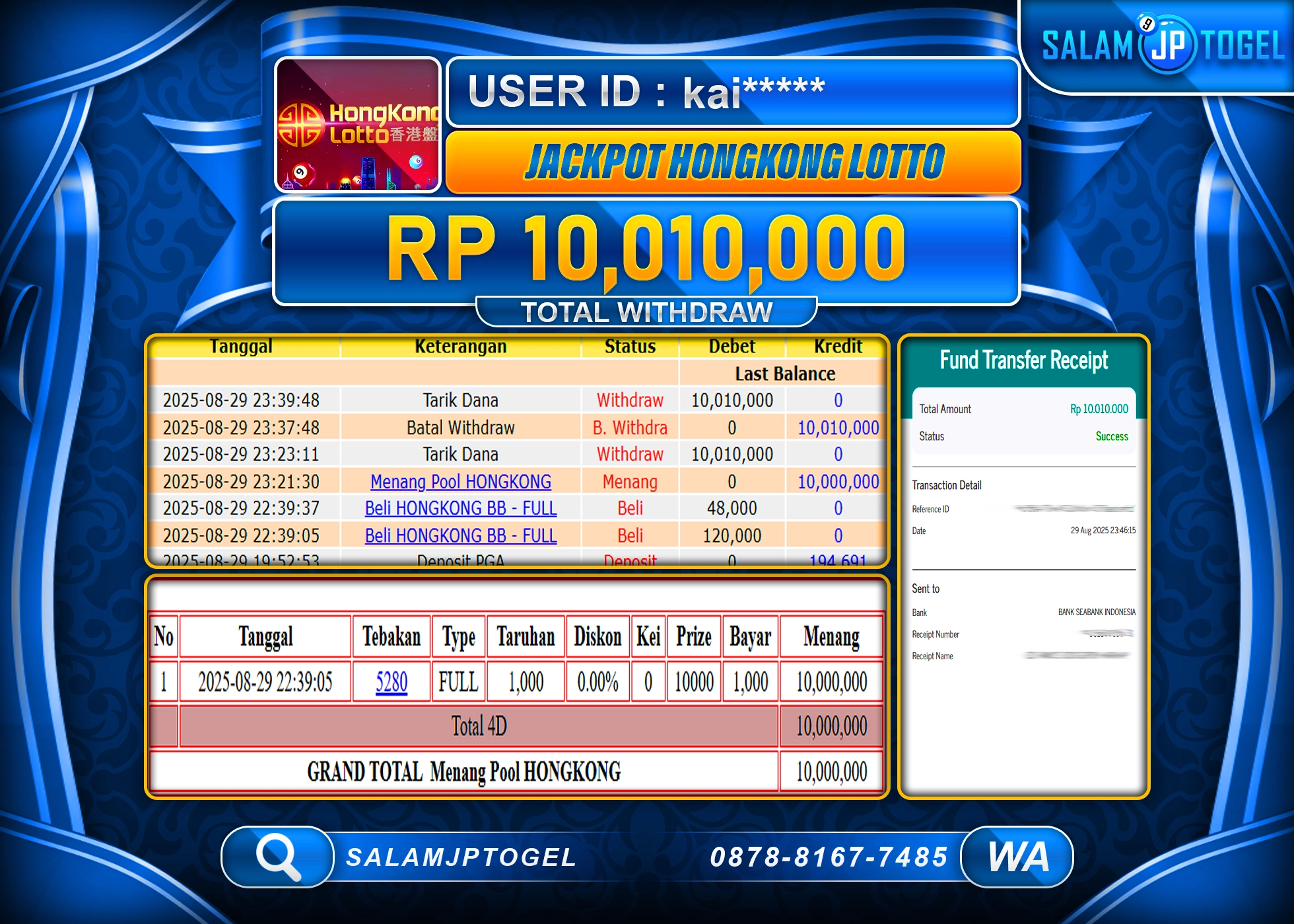 SALAMJPTOGEL MENANG JACKPOT HONGKONG LOTTO Rp.10,010,000