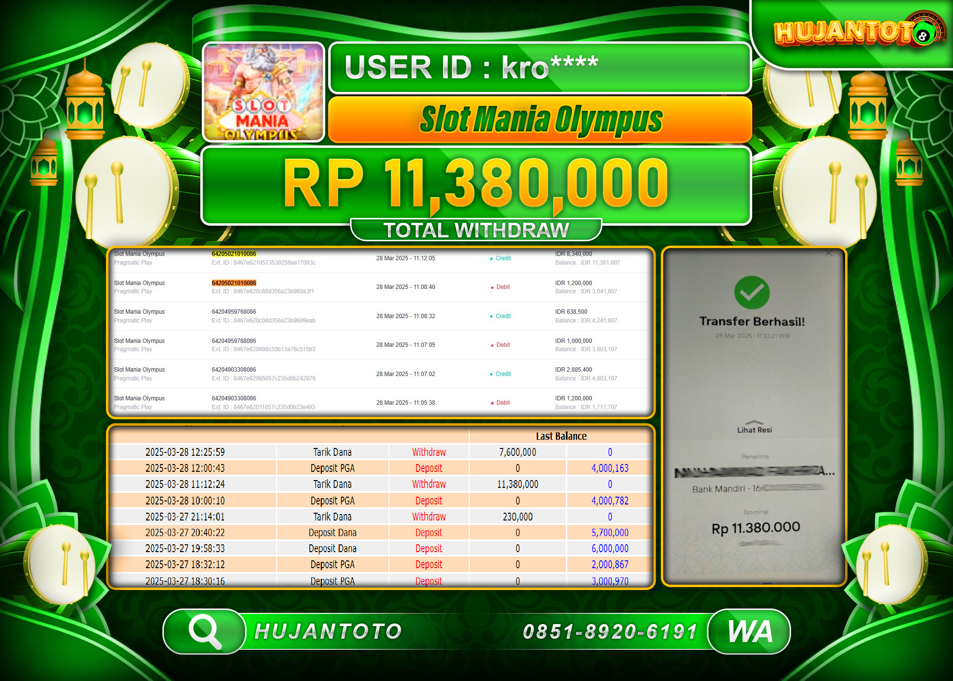 HUJANTOTO - BUKTI JACKPOT MENANG DI SLOT MANIA OLYMPUS Rp,13,380,000  - TERBAYAR LUNAS