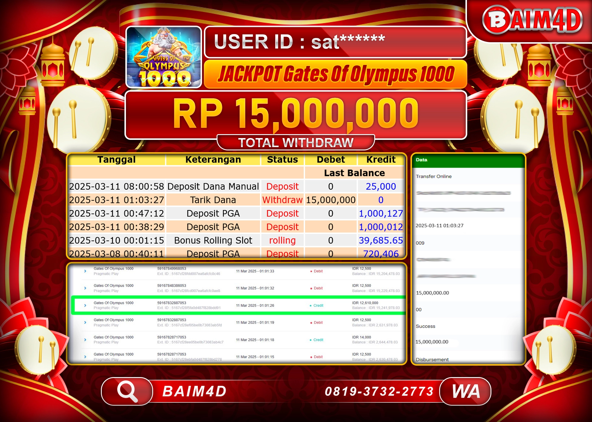 BAIM4D JACKPOT GATES OF OLYMPUS 1000 Rp.15.000,000.- LUNAS