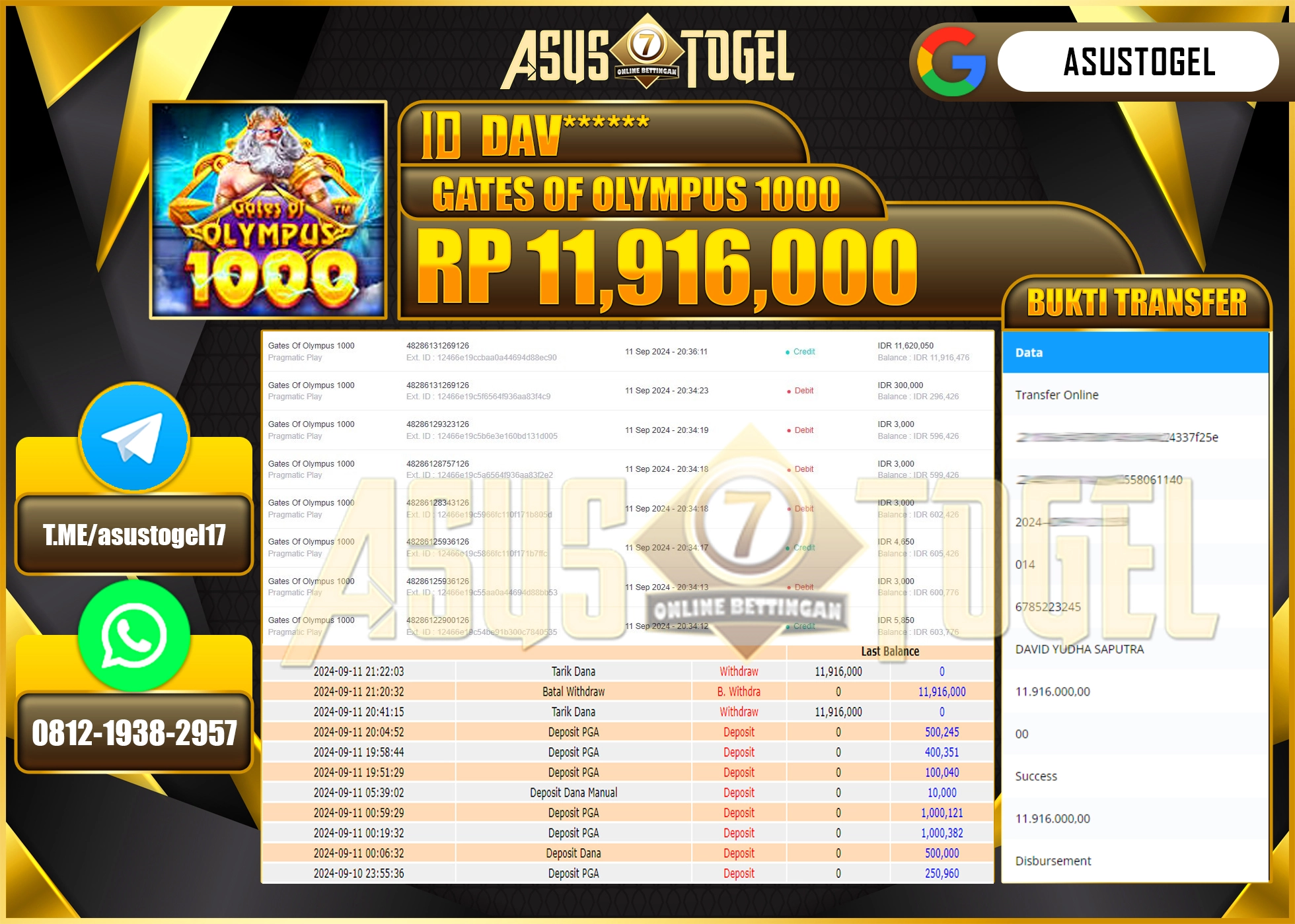 ASUSTOGEL KEMENANGAN DI  GAMES  GATE OF  OLYMPUS 1000    11,916,000- RUPIAH LUNAS