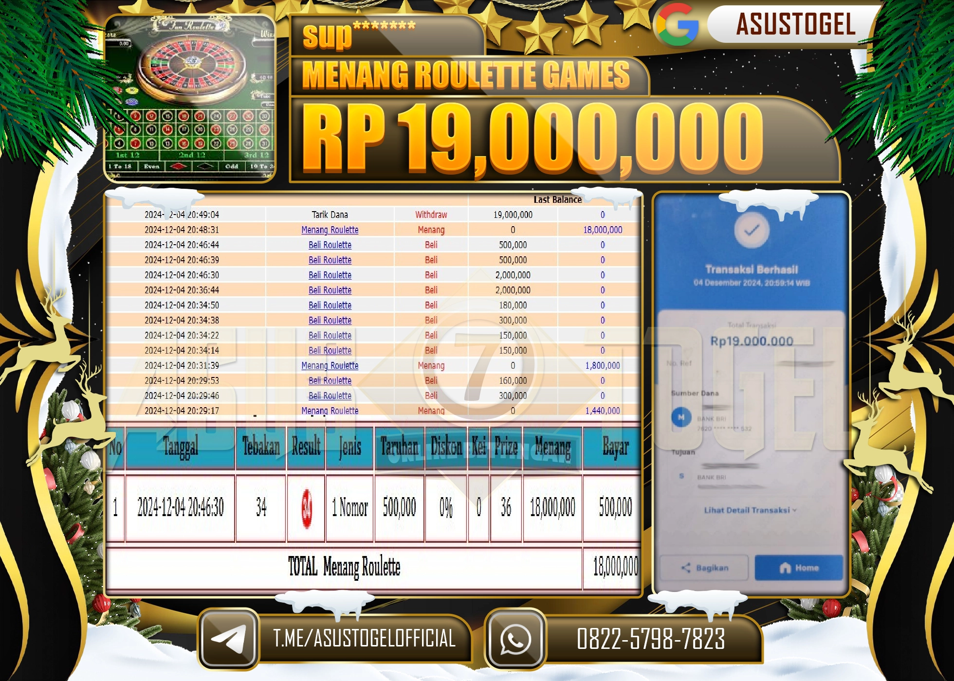 ASUSTOGEL KEMENANGAN DI LIVEGAME ROULETTE GAMES SEBESAR 19,000,000- RUPIAH LUNAS
