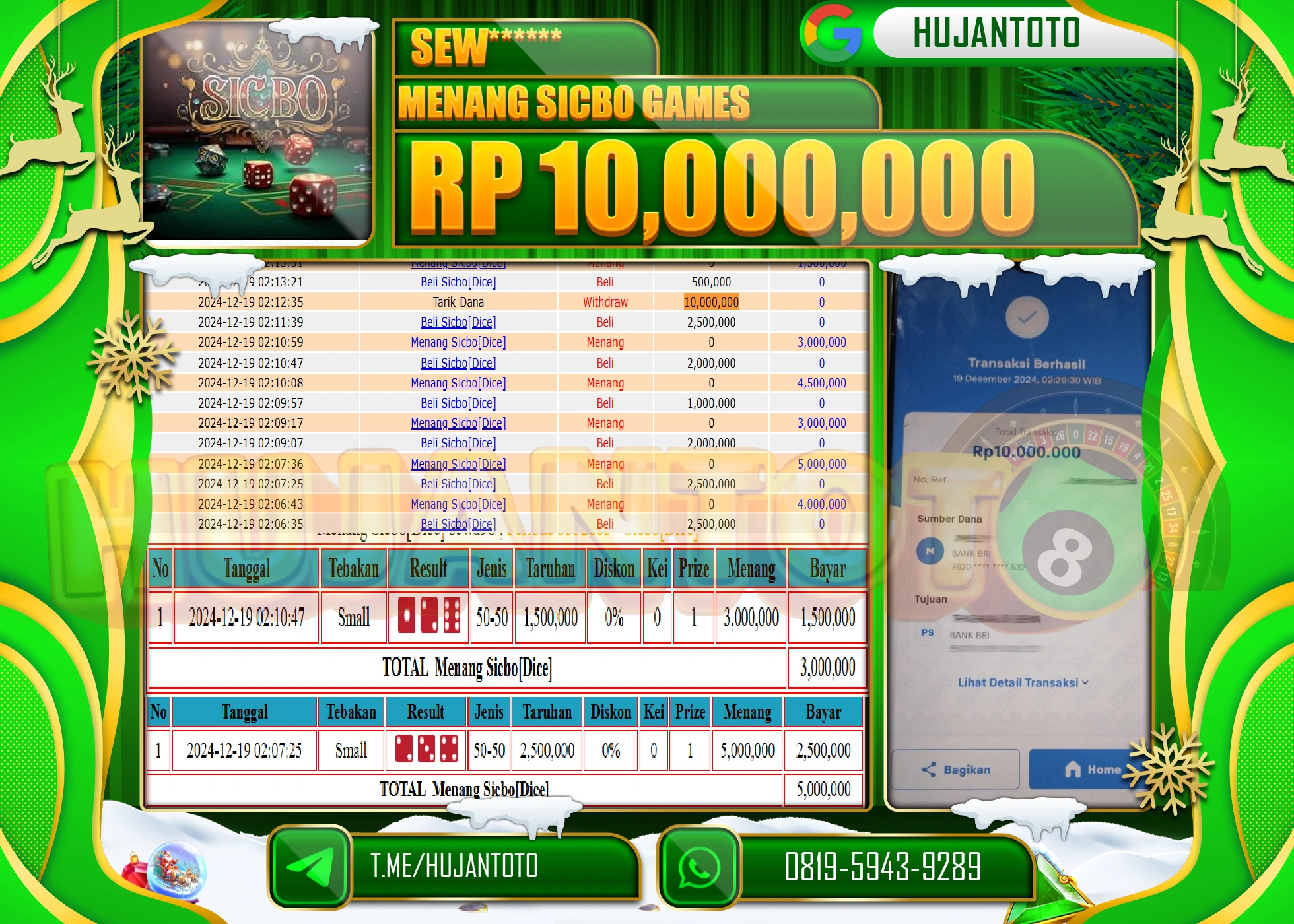 HUJANTOTO ATAS KEMENANGAN YANG DI RAIH DI PERMAINAN LIVE GAME SICBO DICE SEBESAR - 10,000,000 - TERBAYAR LUNAS