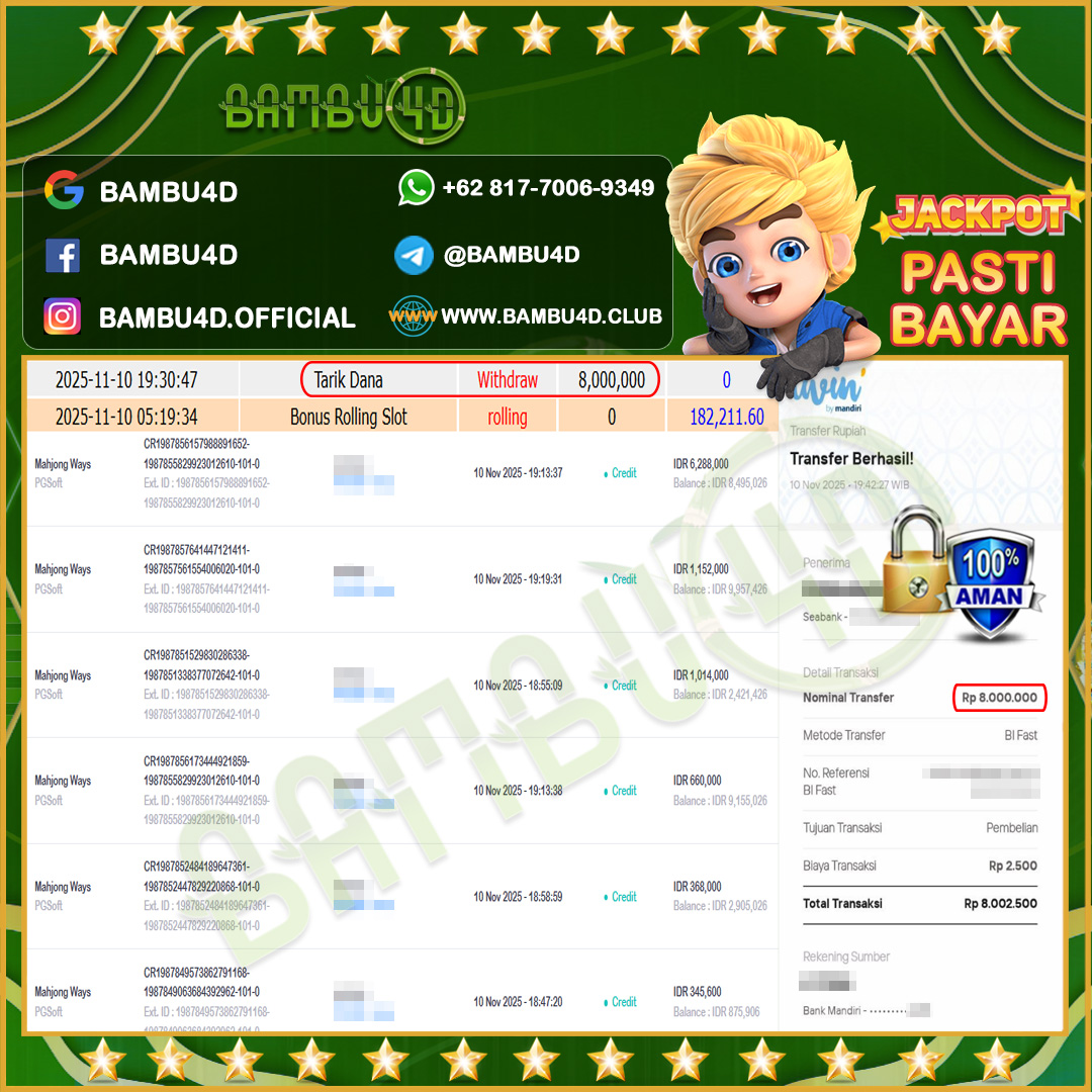BAMBU4D JACKPOT SLOT PGSOFT MAHJONG WAYS Rp.8.000.000,- LUNAS