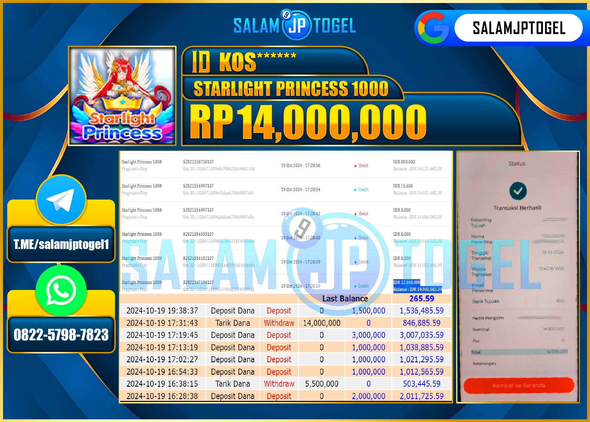 SALAMJPTOGEL MENANG SLOT STARLIGHT PRINCESS 1000 RP. 14,000,000 LUNAS