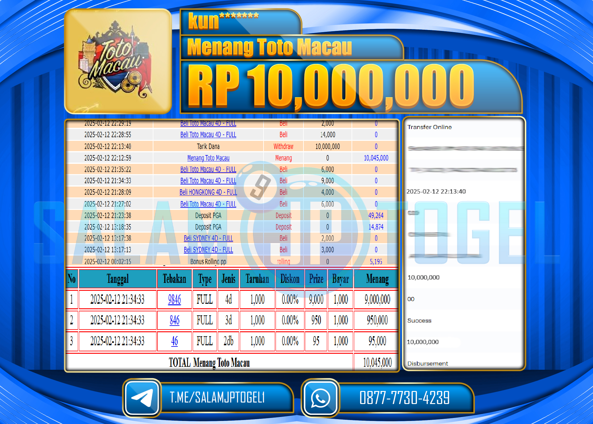 SALAMJPTOGEL MENANG TOGEL TOTO MACAU Rp. 10,000,000 LUNAS