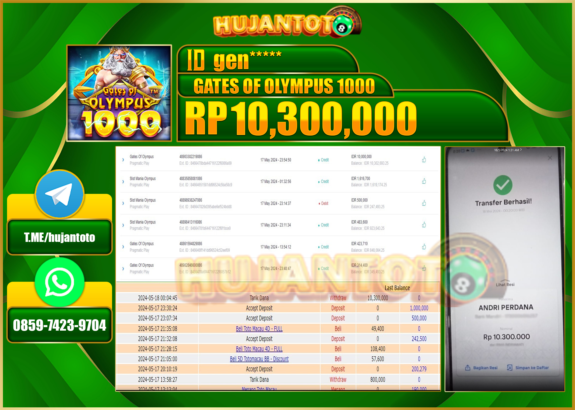 HUJANTOTO MENANG SLOT GATES OF OLYMPUS 10,300,000 - LUNAS 