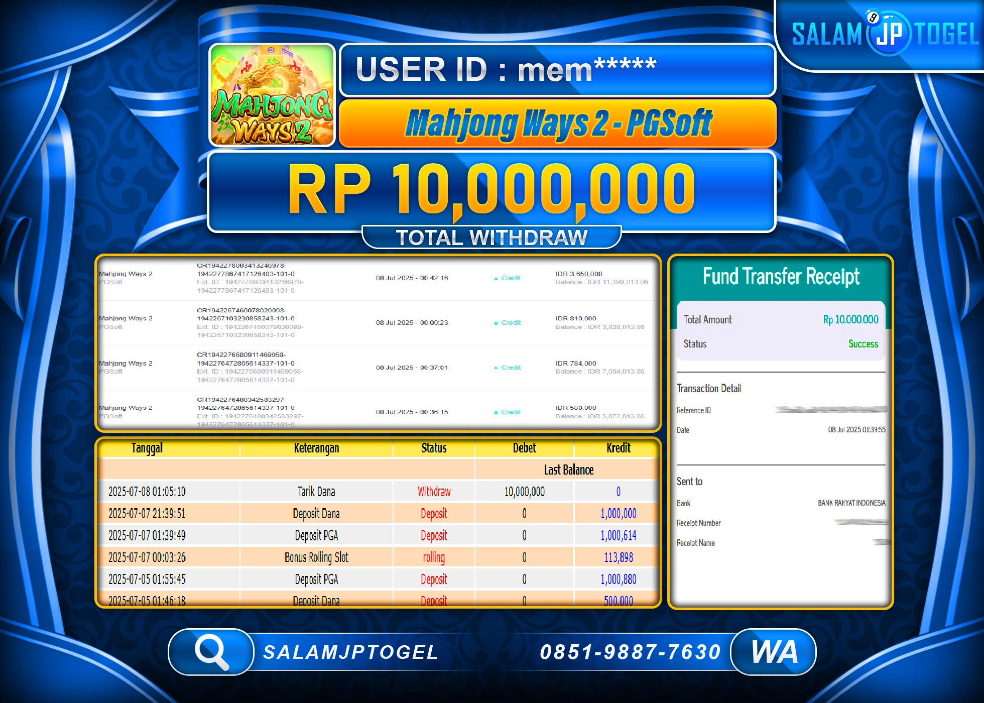 SALAMJPTOGEL MENANG Mahjong Ways 2-PGSoft  Rp.10,000,000 LUNAS