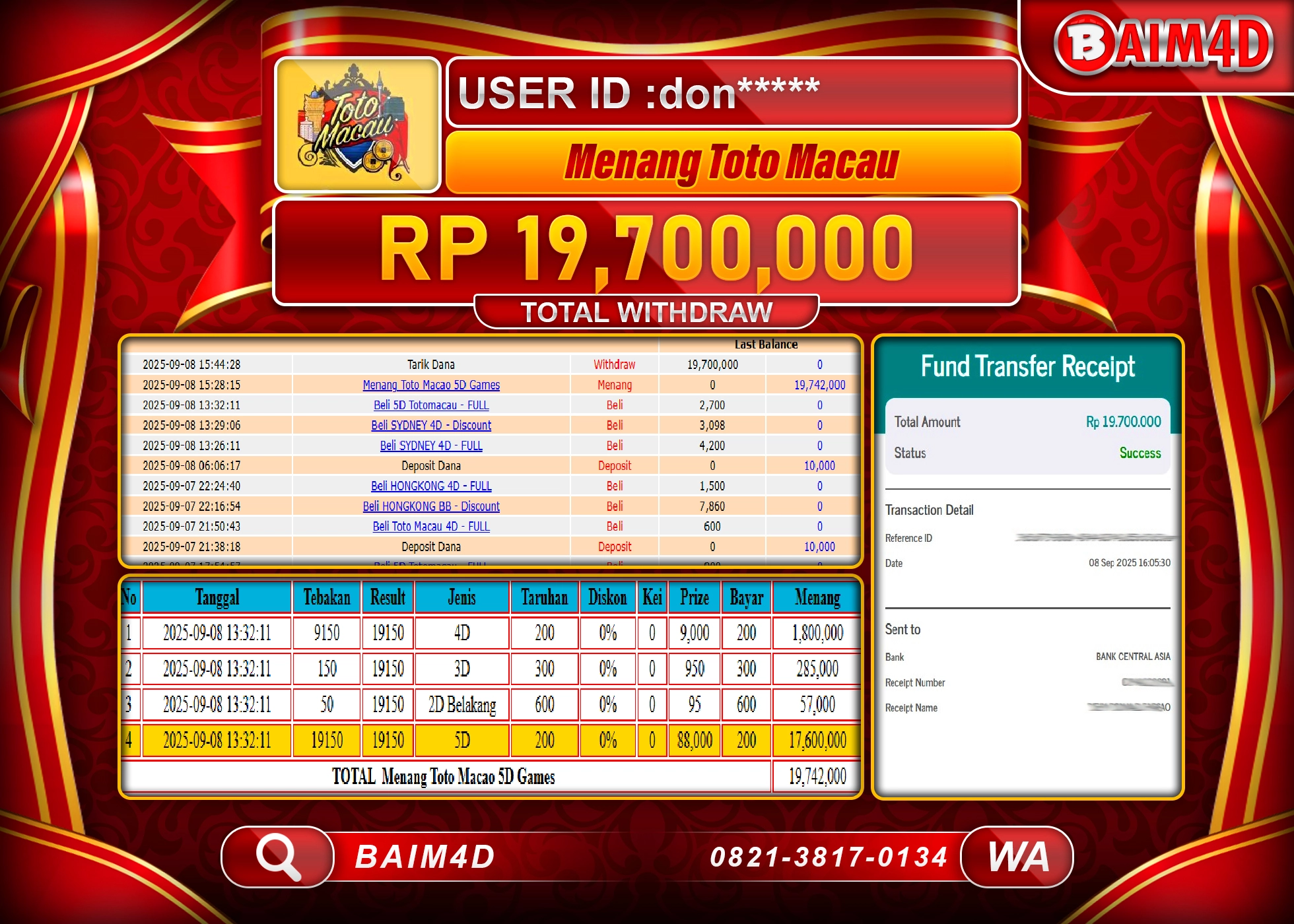 BAIM4D JACKPOT TOGEL TOTO MACAU 5D GAMES Rp.19,700,000.- LUNAS