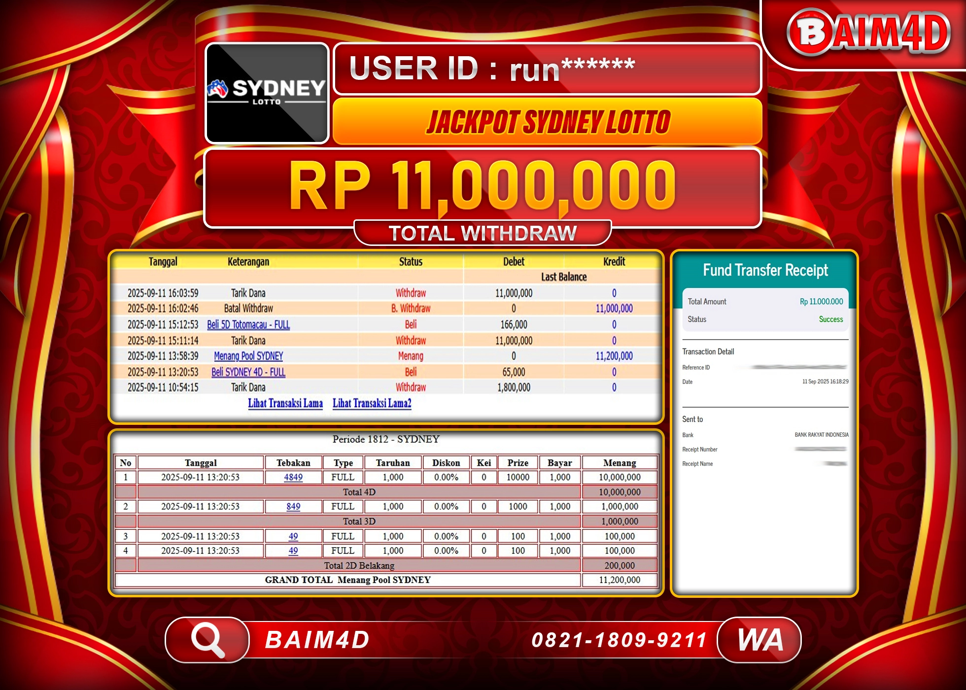 BAIM4D JACKPOT TOGEL SYDNEY LOTTO GAMES Rp.11,000,000.- LUNAS