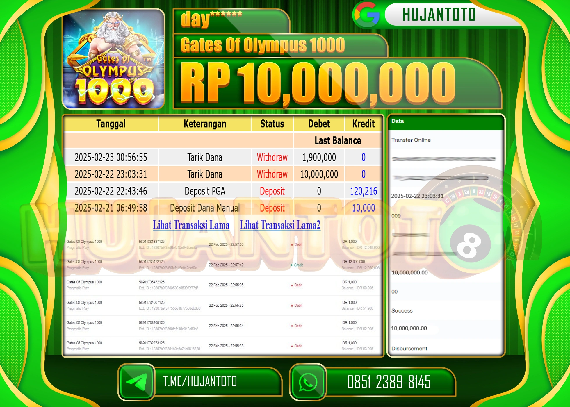 HUJANTOTO - BUKTI JACKPOT MENANG SLOT GATES OF OLYMPUS 1000Rp. 10.000.000 - TERBAYAR LUNAS