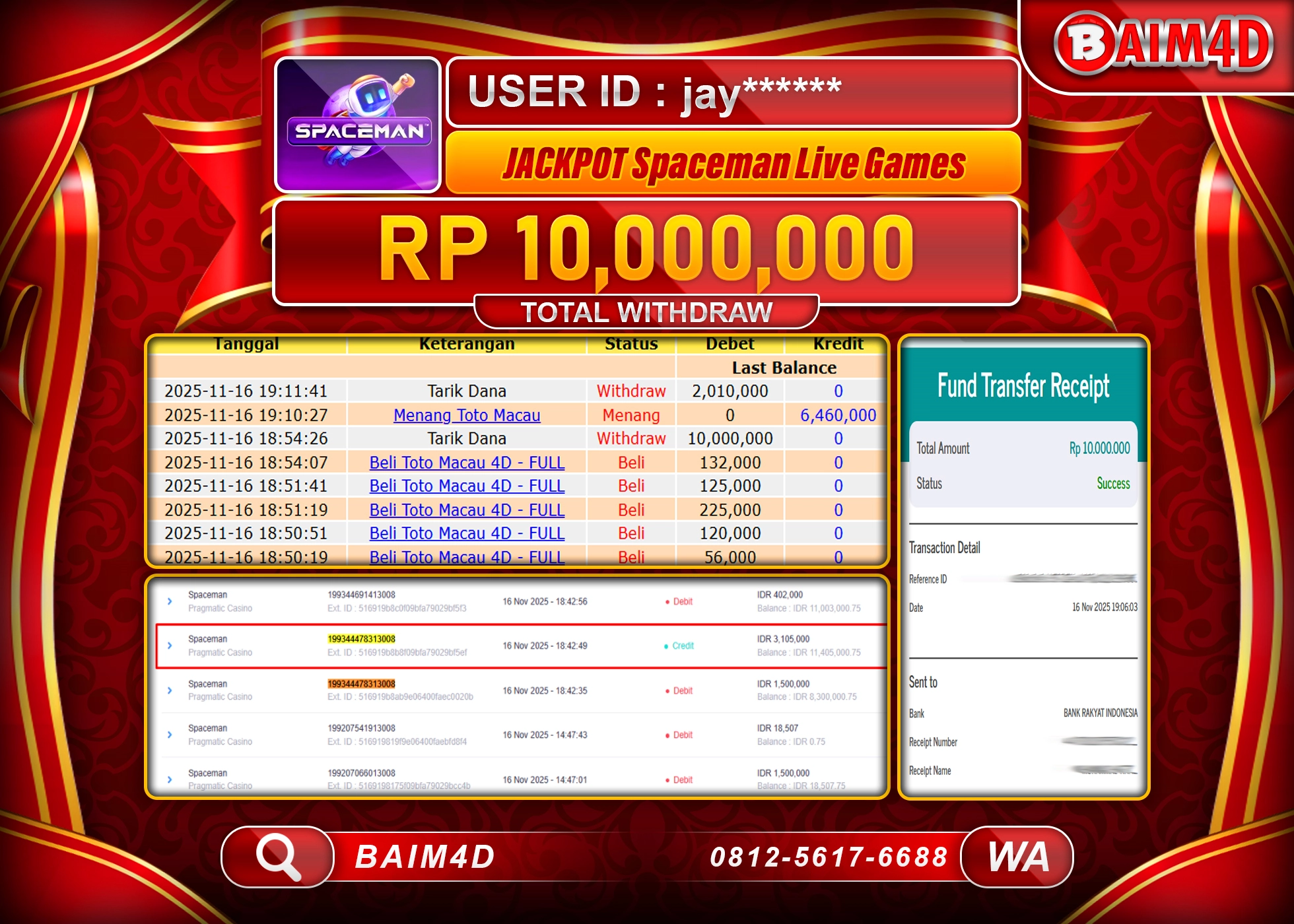 BAIM4D JACKPOT SLOT SPACEMAN PRAGMATIC Rp.10,000,000 - LUNAS