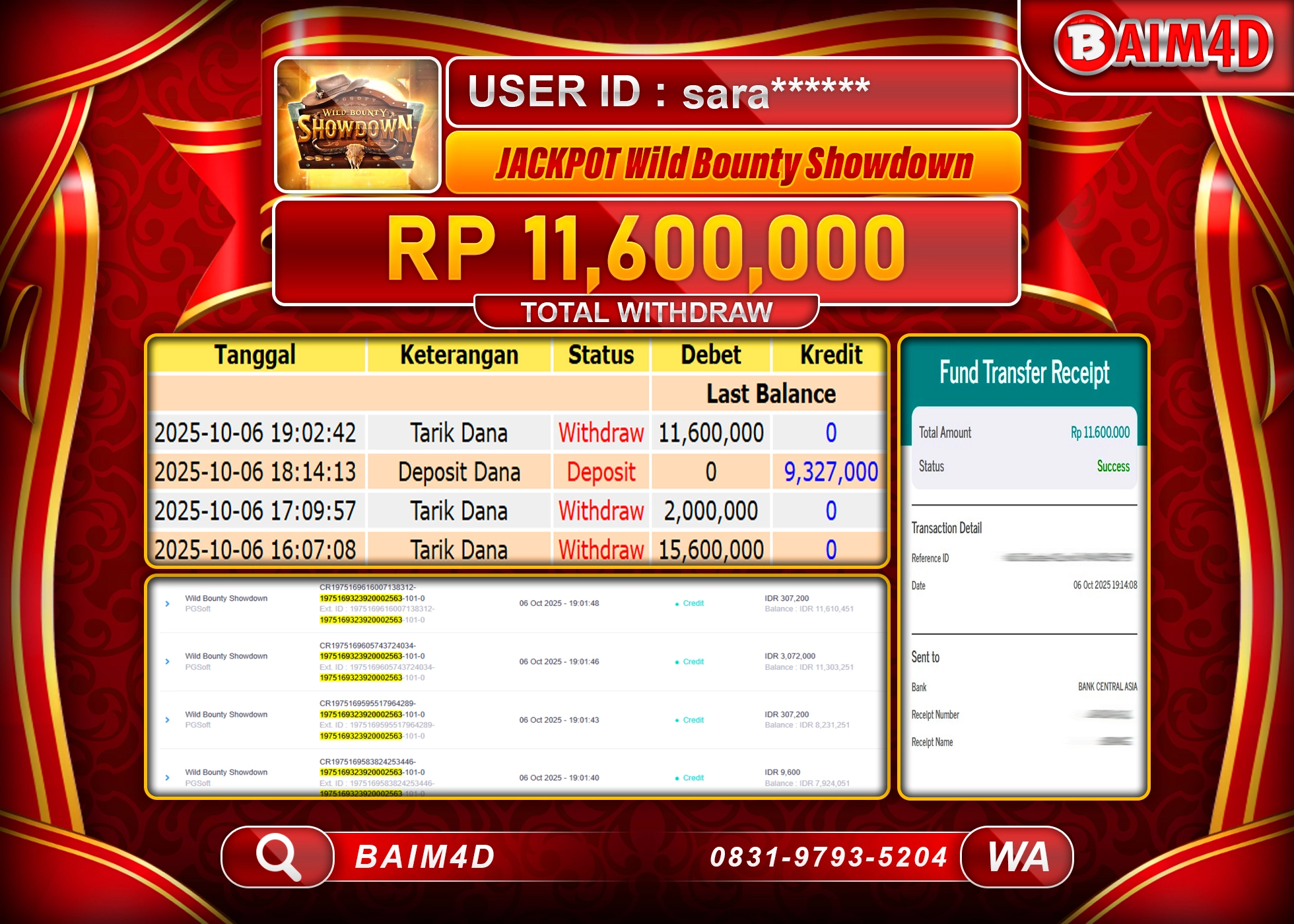 BAIM4D JACKPOT SLOT WILD BOUNTY SHOWDOWN Rp.11,600,000.- LUNAS