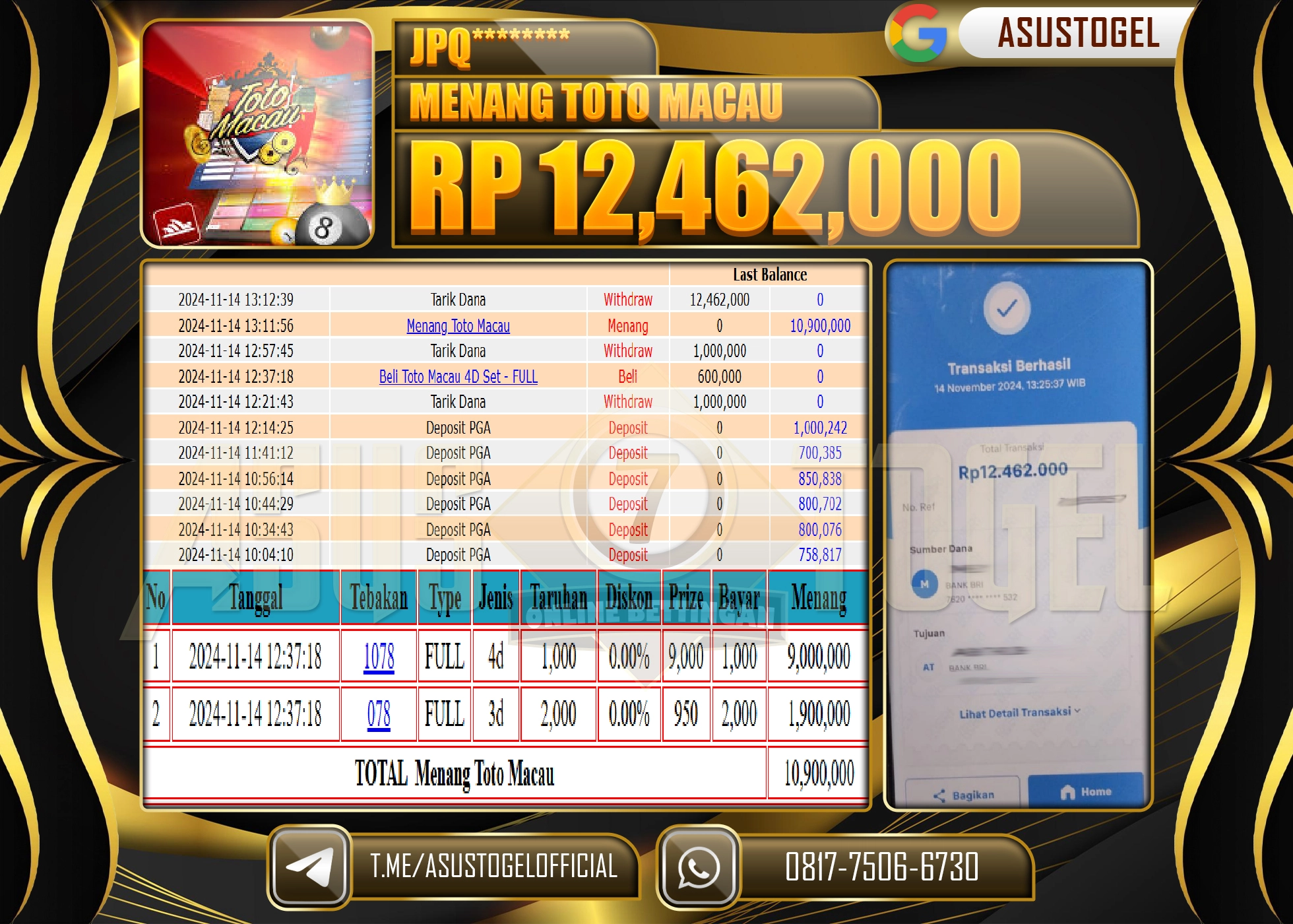 ASUSTOGEL KEMENANGAN DI GAMES MENANG TOGEL TOTO MACAU  SEBESAR 12,462,000 -RUPIAH LUNAS