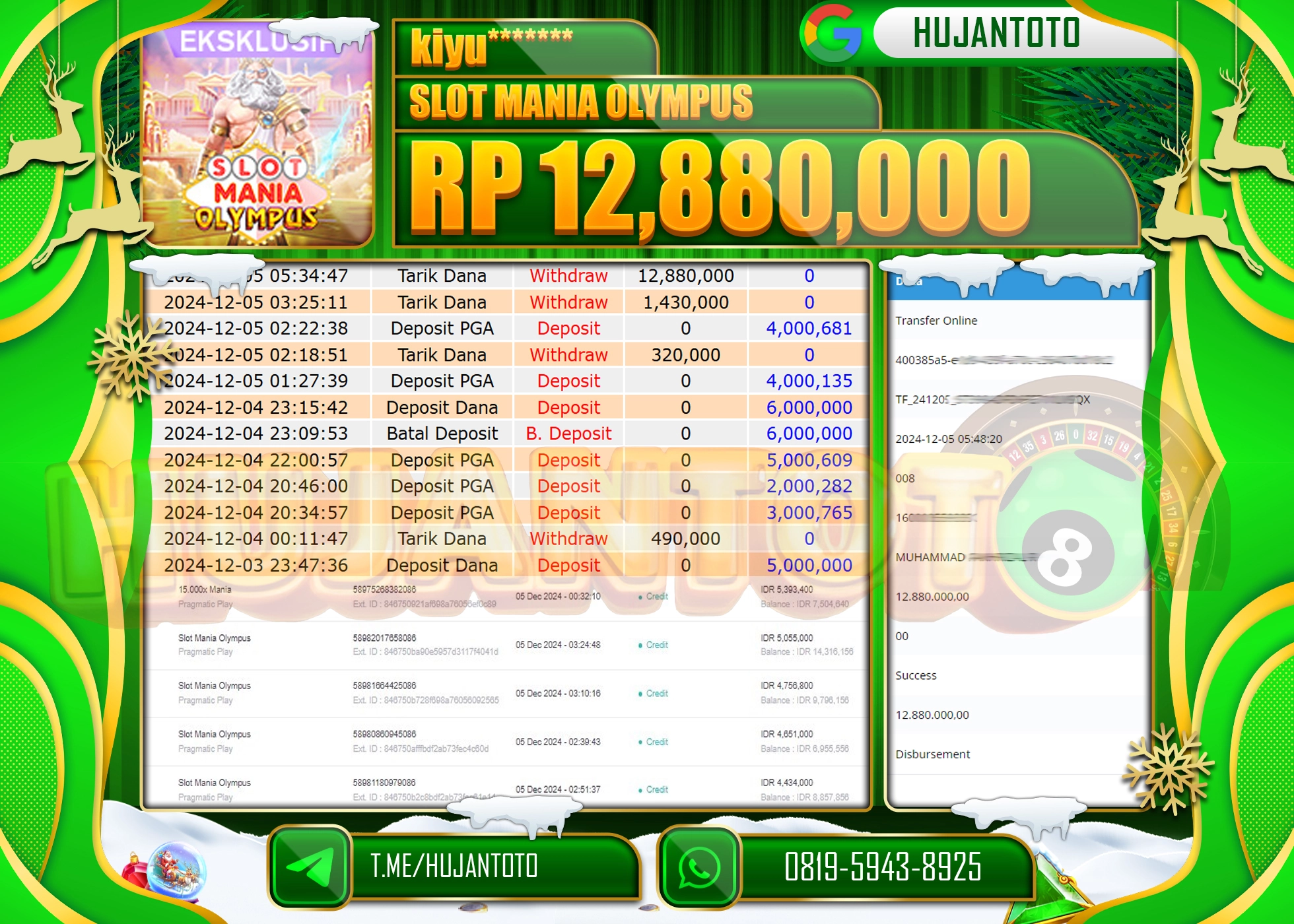HUJANTOTO ATAS KEMENANGAN BESAR YANG  DI RAIH DI PERMAINAN, SLOT MANIA OLYMPUS SEBESAR - 12,880,000 -TERBAYAR - LUNAS 