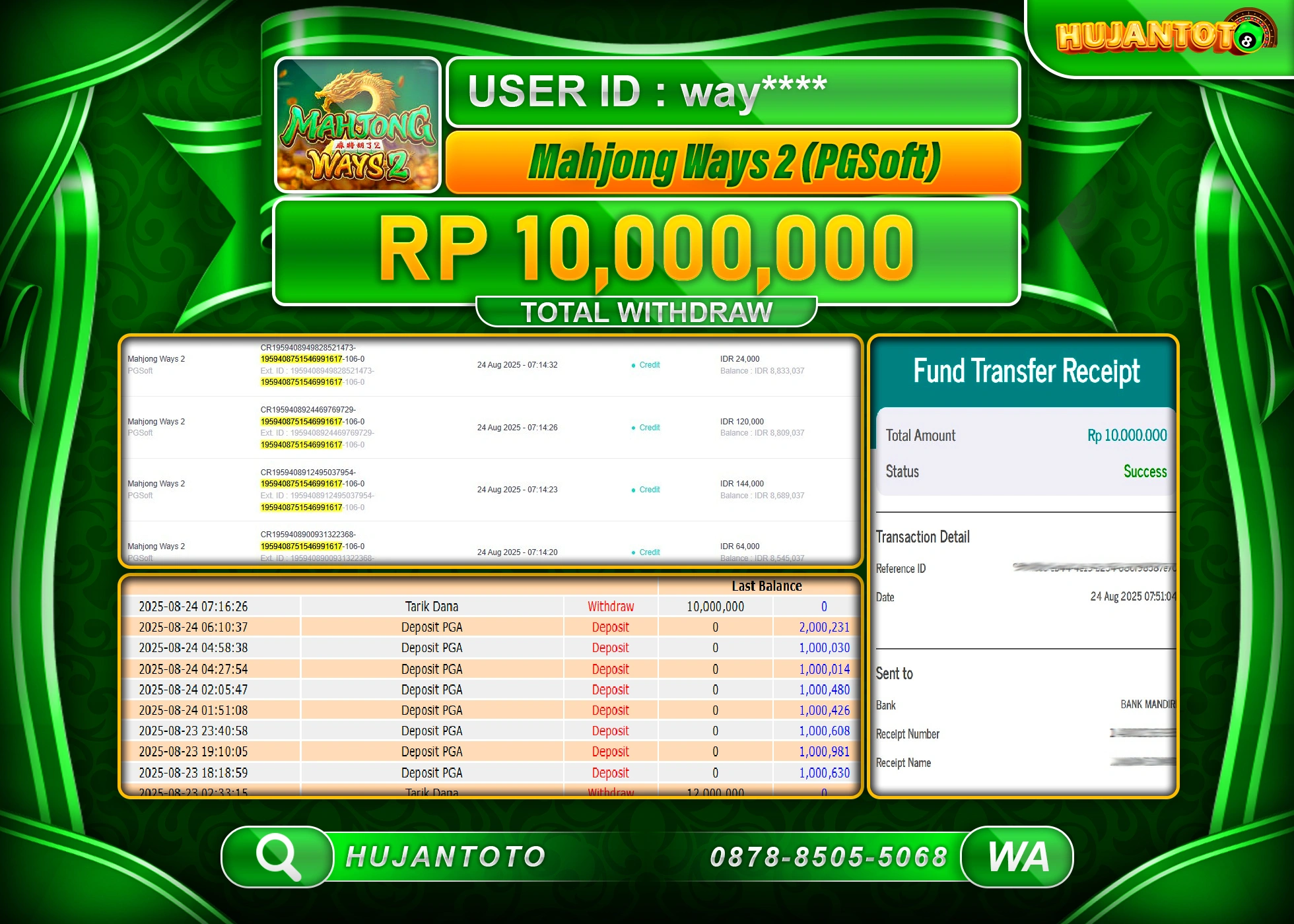HUJANTOTO - BUKTI JACKPOT MENANG MAHJONG WAYS 2 Rp.10,000,000 - TERBAYAR LUNAS