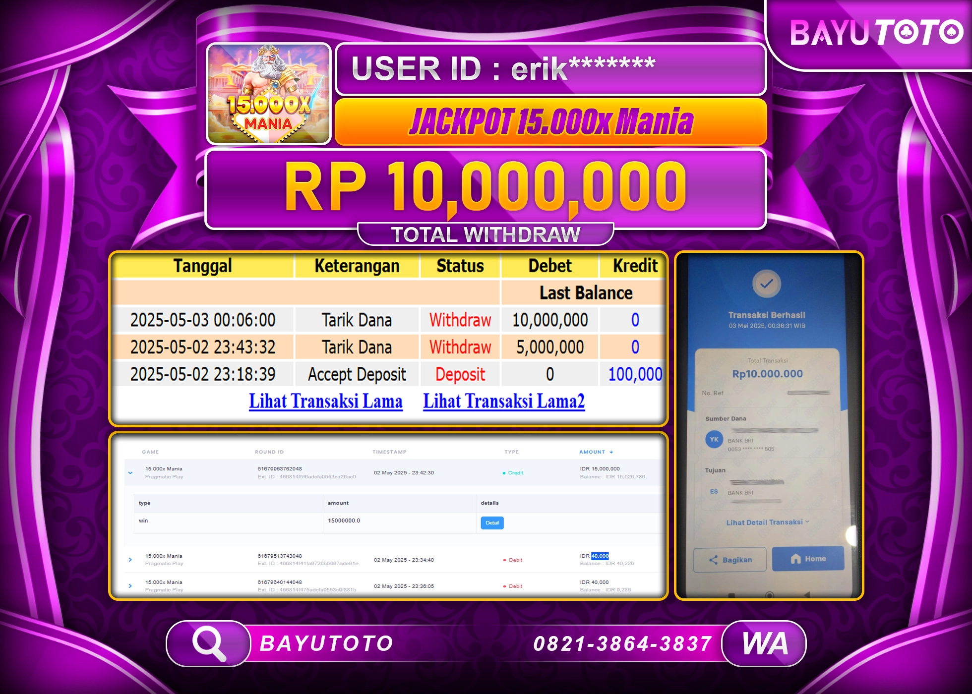 BAYUTOTO JACKPOT SLOT 15000X MANIA pragmatic Rp.10,000,000 LUNAS