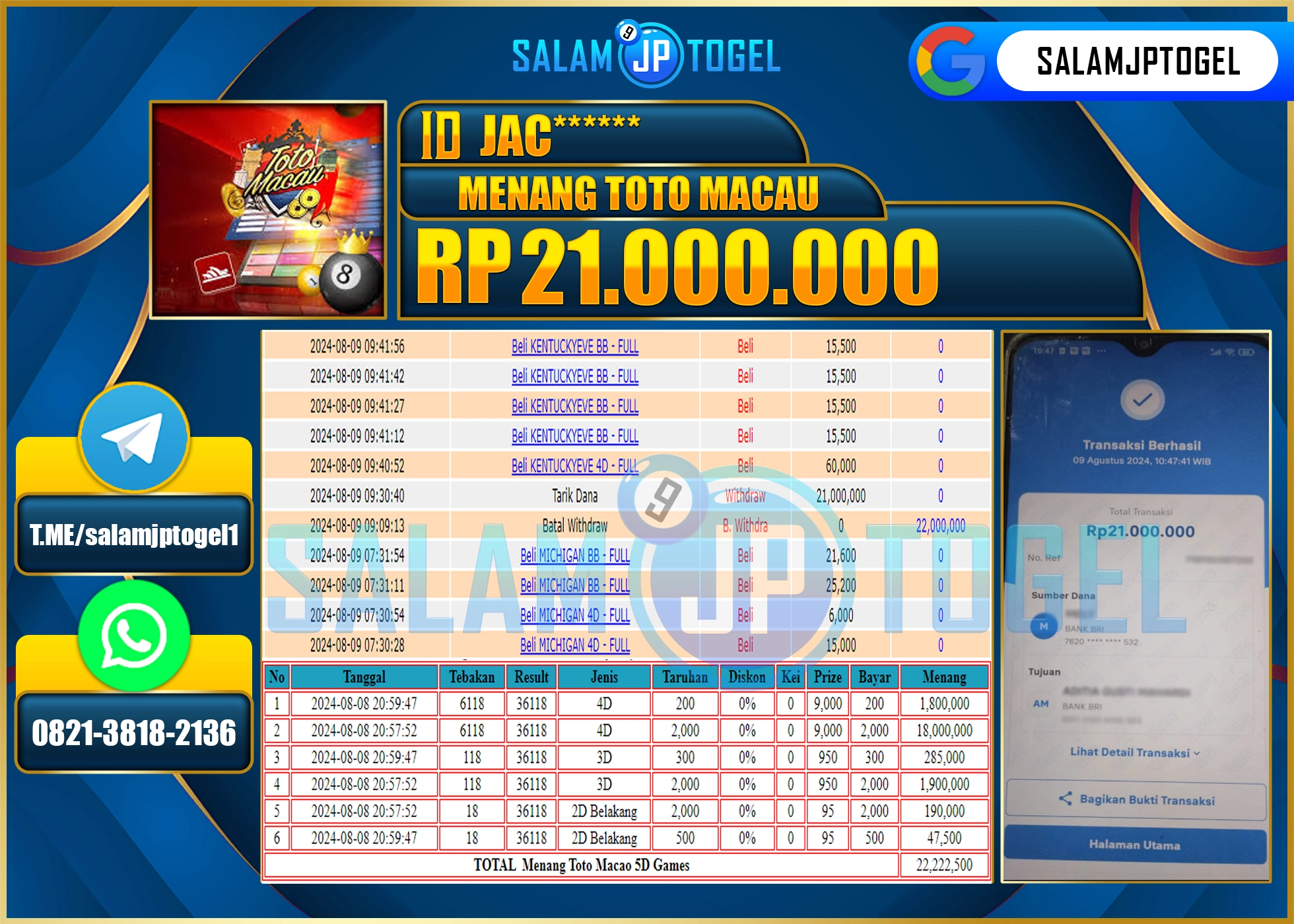 SALAMJPTOGEL MENANG TOTO MACAU RP. 21,000,000 LUNAS