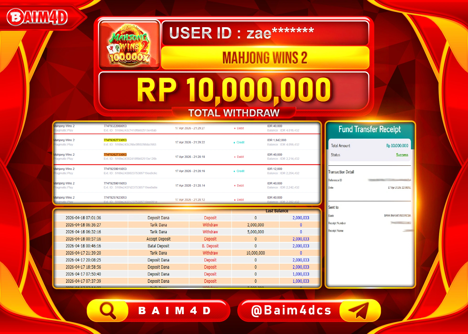 BAIM4D JACKPOT SLOT MAHYONG WINS 2 Rp.10,000,000 - LUNAS