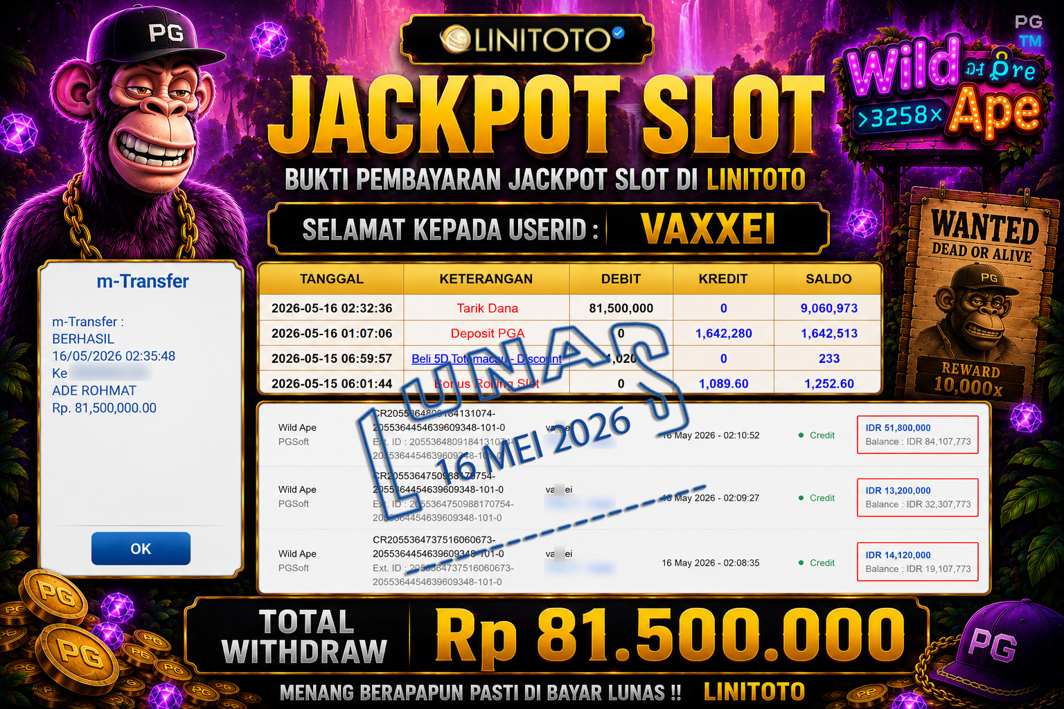 LINITOTO JACKPOT SLOT Wild Ape Rp.81,500,000 - LUNAS