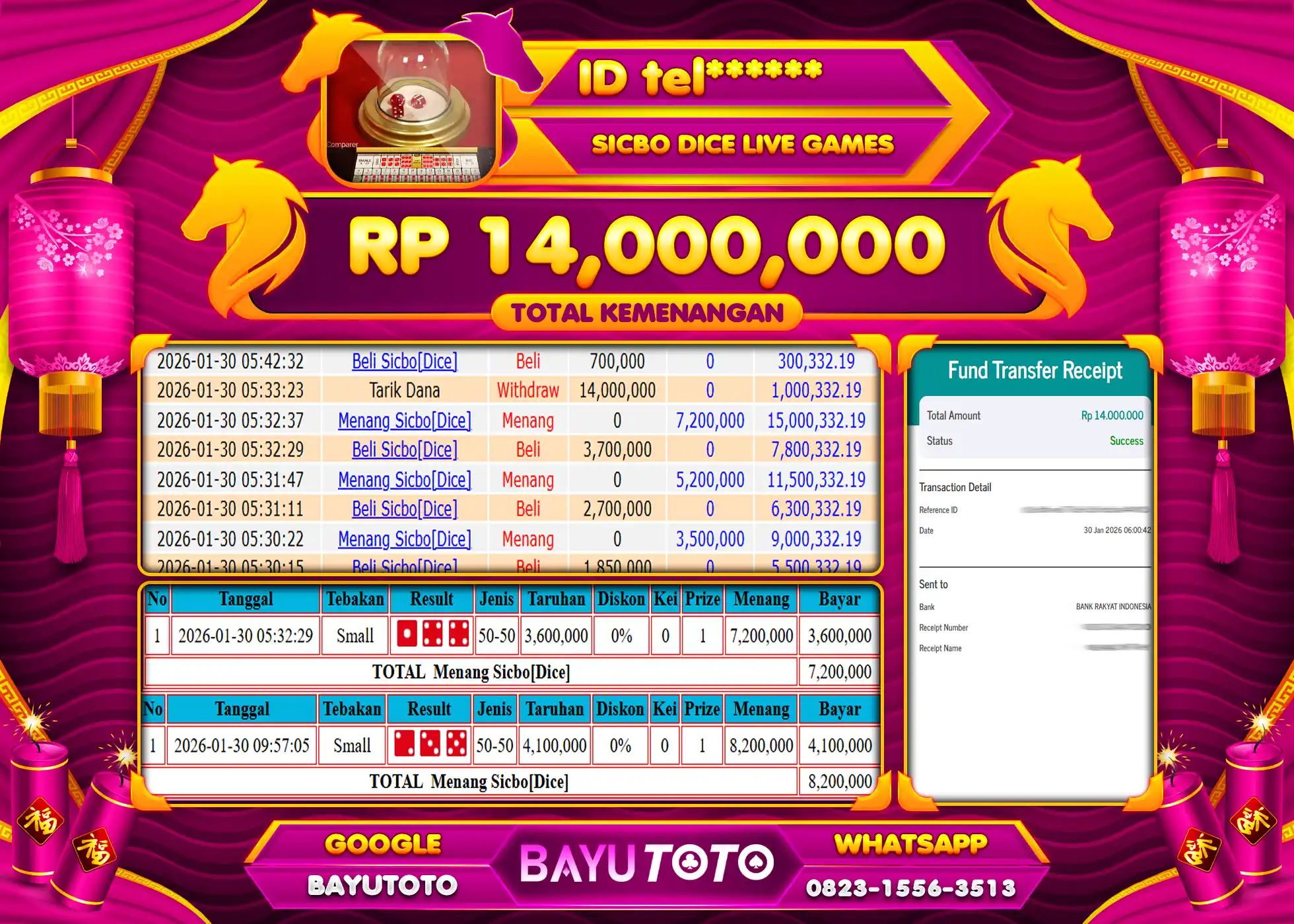 SELAMAT MEMBER SETIA BAYUTOTO JACKPOT DI LIVE GAME SICBO {DICE} GAME Rp. 14,000,000 LUNAS
