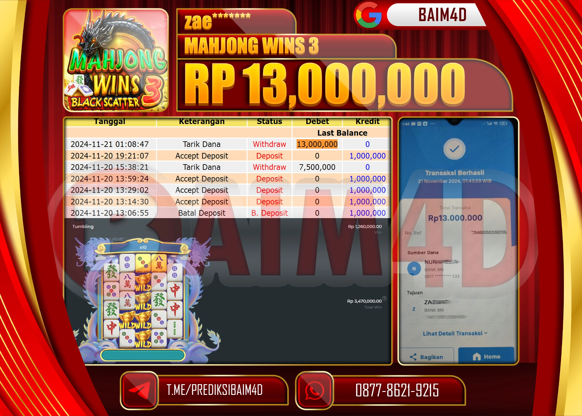 BAIM4D JACKPOT PRAGMATIC Mahjong Wins 3 Rp.13.000,000.- LUNAS