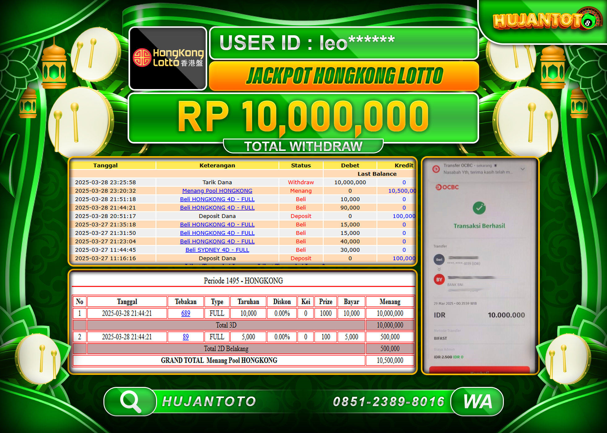 HUJANTOTO - BUKTI JACKPOT MENANG TOGEL HONGKONG LOTTO Rp,10,000,000 - TERBAYAR LUNAS