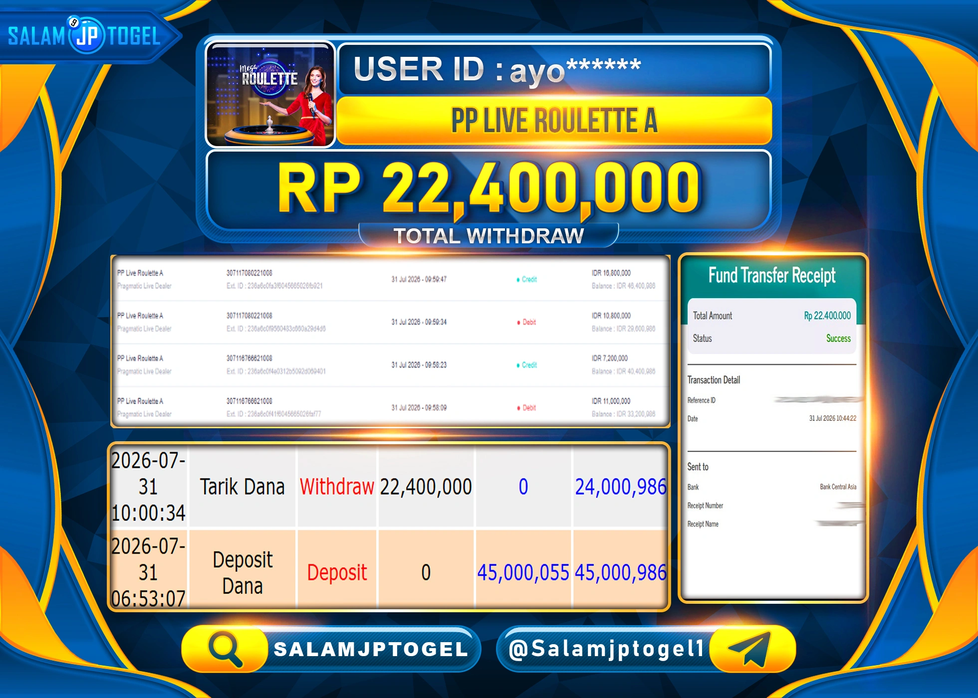 SALAMJPTOGEL JACKPOT MENANG LIVEGAMES PP LIVE ROULETTE A Rp.22,400,000 - LUNAS