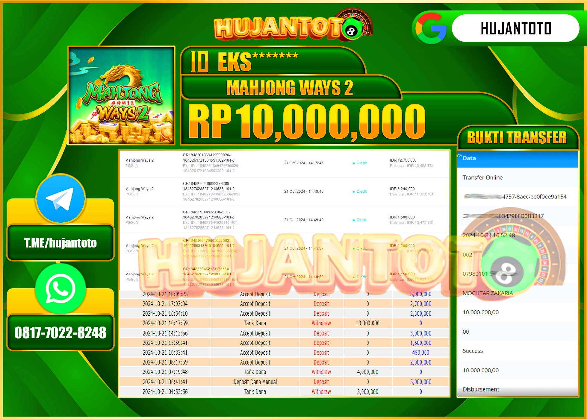 HUJANTOTO KEMENANGAN BESAR DI PERMAINAN SLOT MAHJONG WAYS 2 - 10,000,000 - LUNAS
