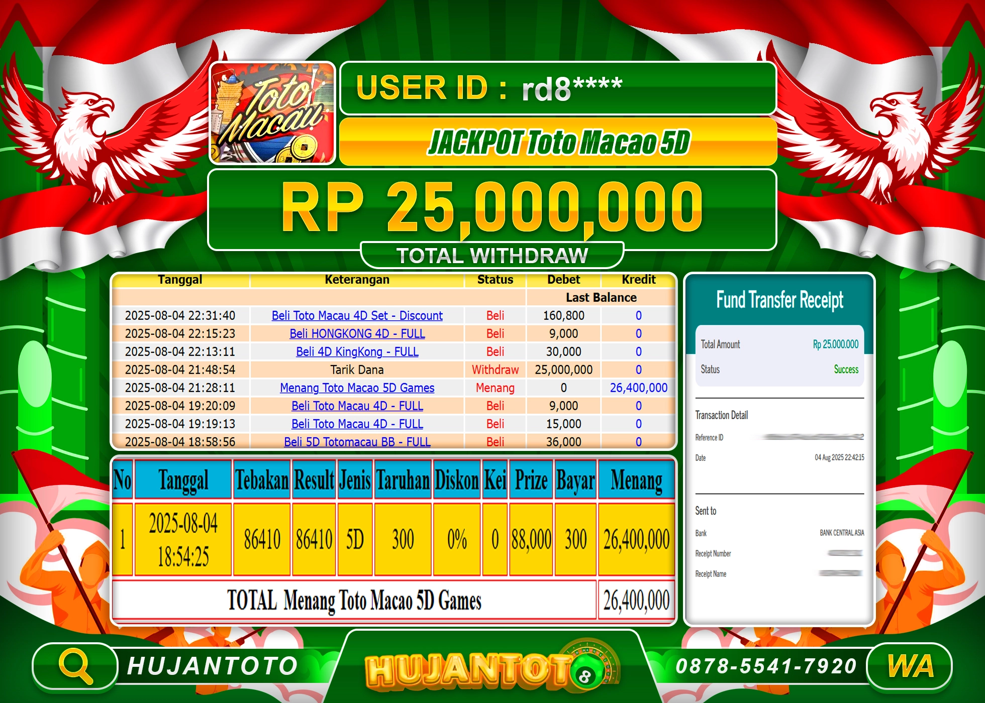 HUJANTOTO - BUKTI JACKPOT MENANG TOGEL TOTO MACAU 5D Rp.25,000,000 - TERBAYAR LUNAS