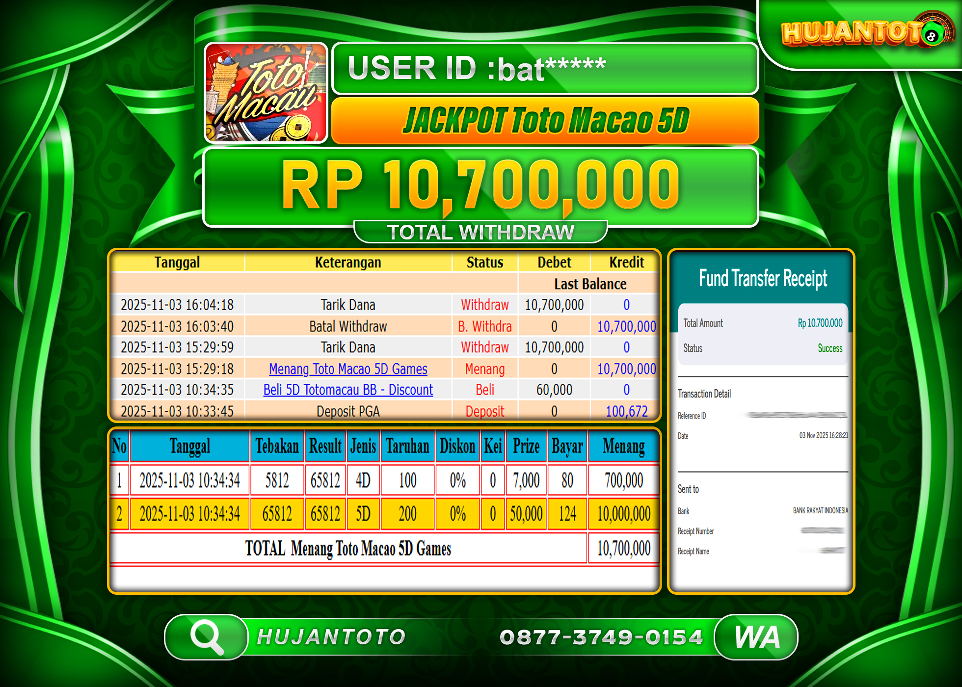 HUJANTOTO - BUKTI JACKPOT MENANG TOGEL TOTO MACAU 5D Rp.10,700,000 - TERBAYAR LUNAS