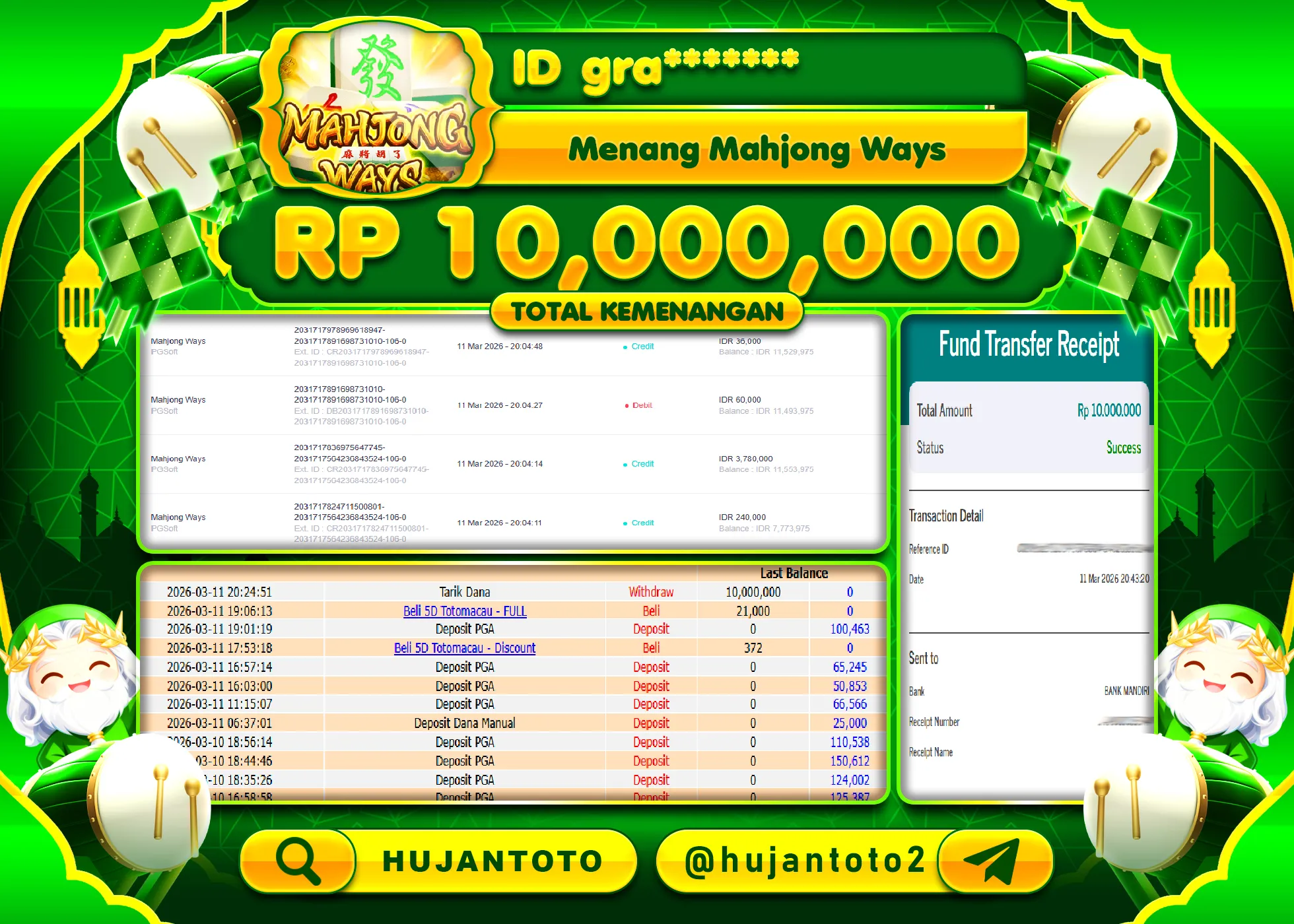 HUJANTOTO - BUKTI JACKPOT MENANG SLOT MAHJONG WAYS Rp.10,000,000 - TERBAYAR LUNAS