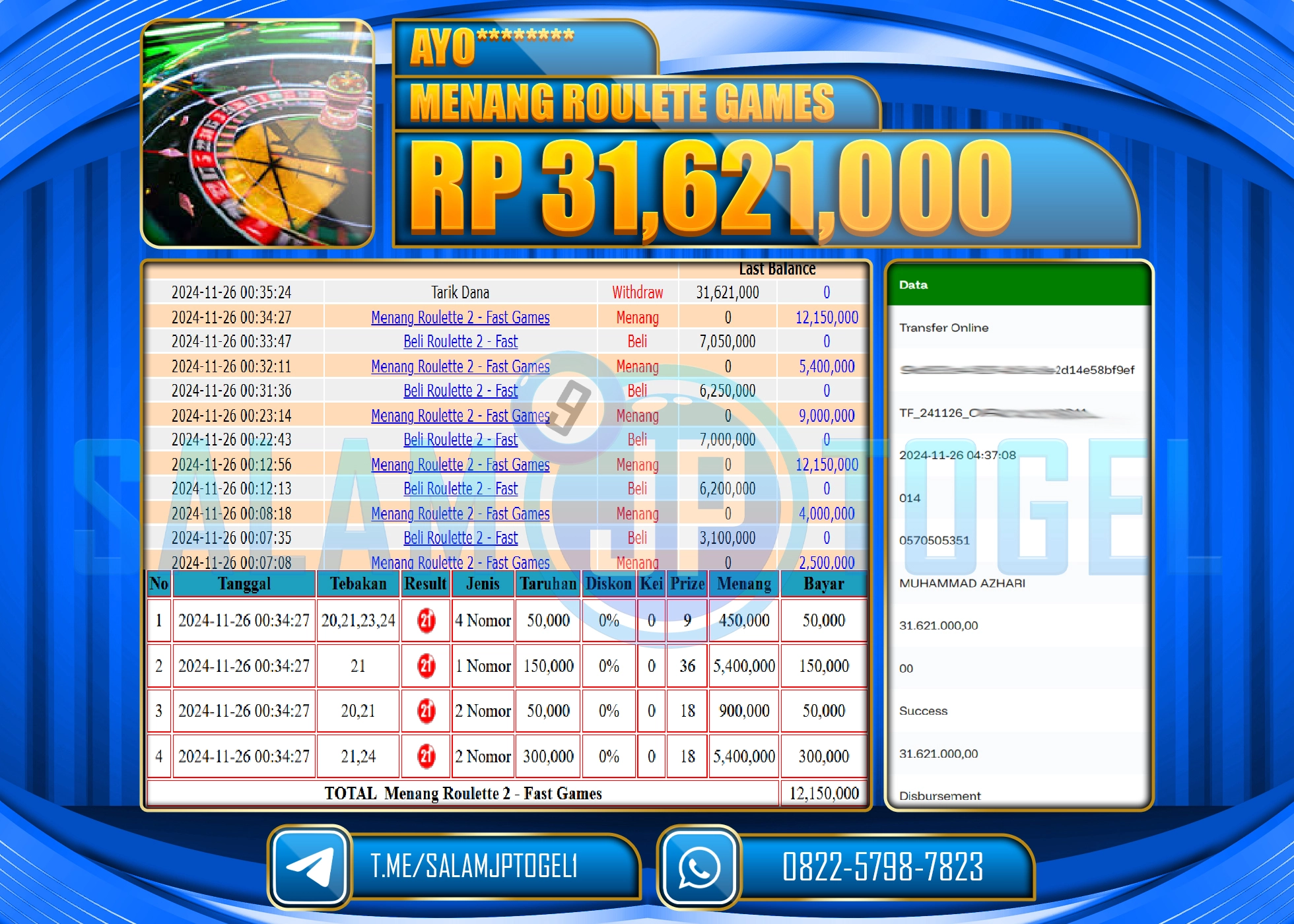 SALAMJPTOGEL MENANG ROULLETE GAMES RP. 31,621,000 LUNAS