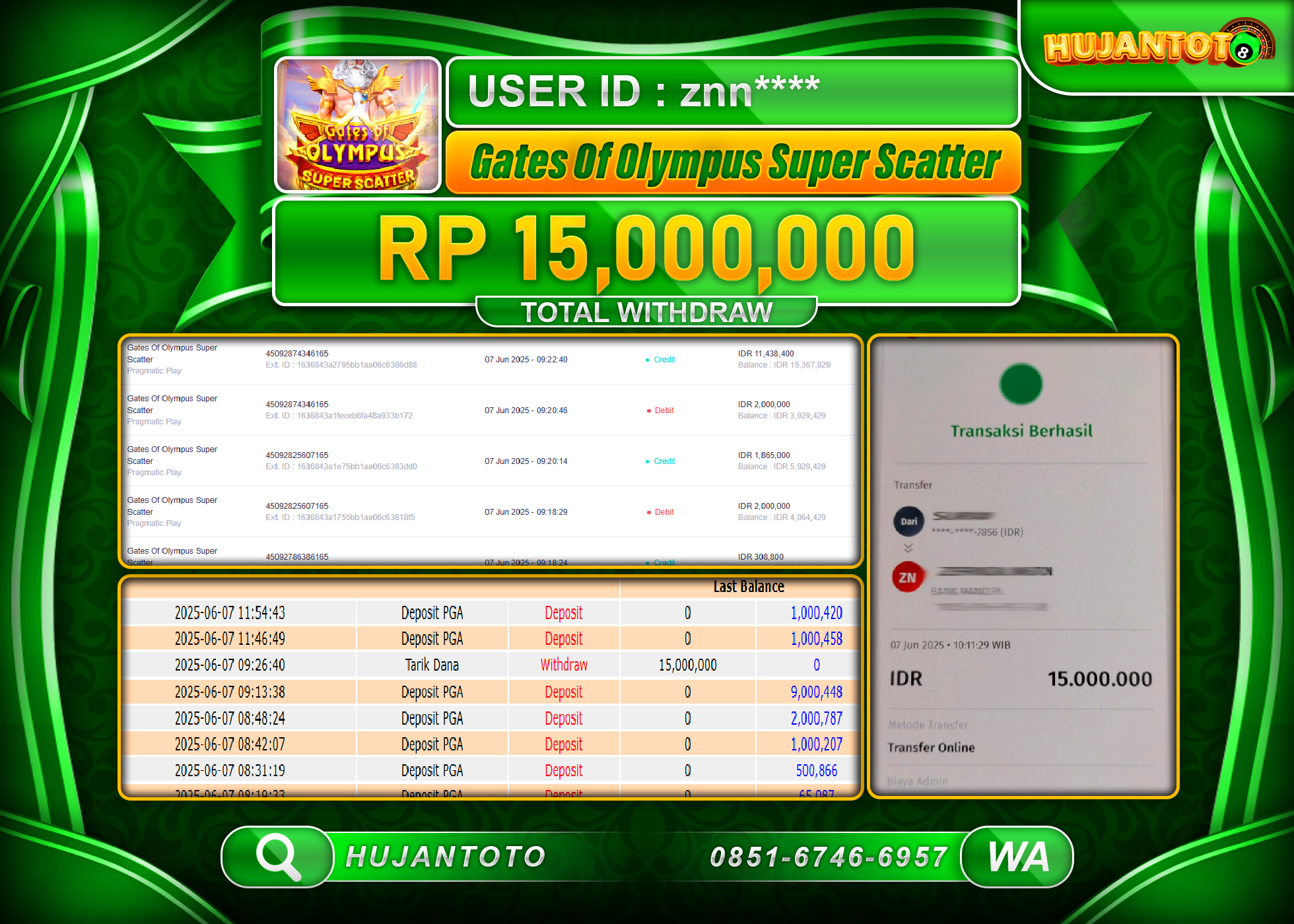 HUJANTOTO - BUKTI JACKPOT MENANG SLOT GATES OF OLYMPUS SUPER SCETTER Rp,15,000,000 - TERBAYAR LUNAS