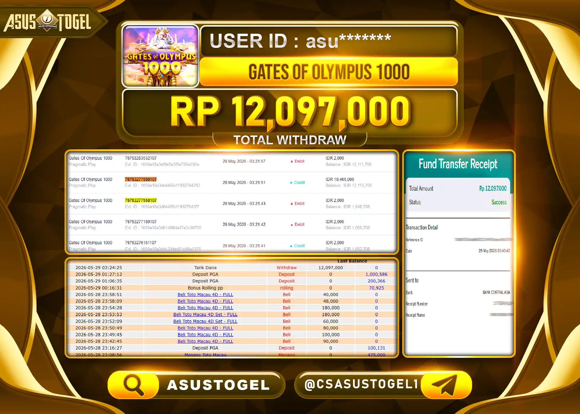 ASUSTOGEL KEMENANGAN JACKPOT PERMAINAN SLOT GATES OF OLYMPUS 1000 Rp.12,097,000 - RUPIAH LUNAS