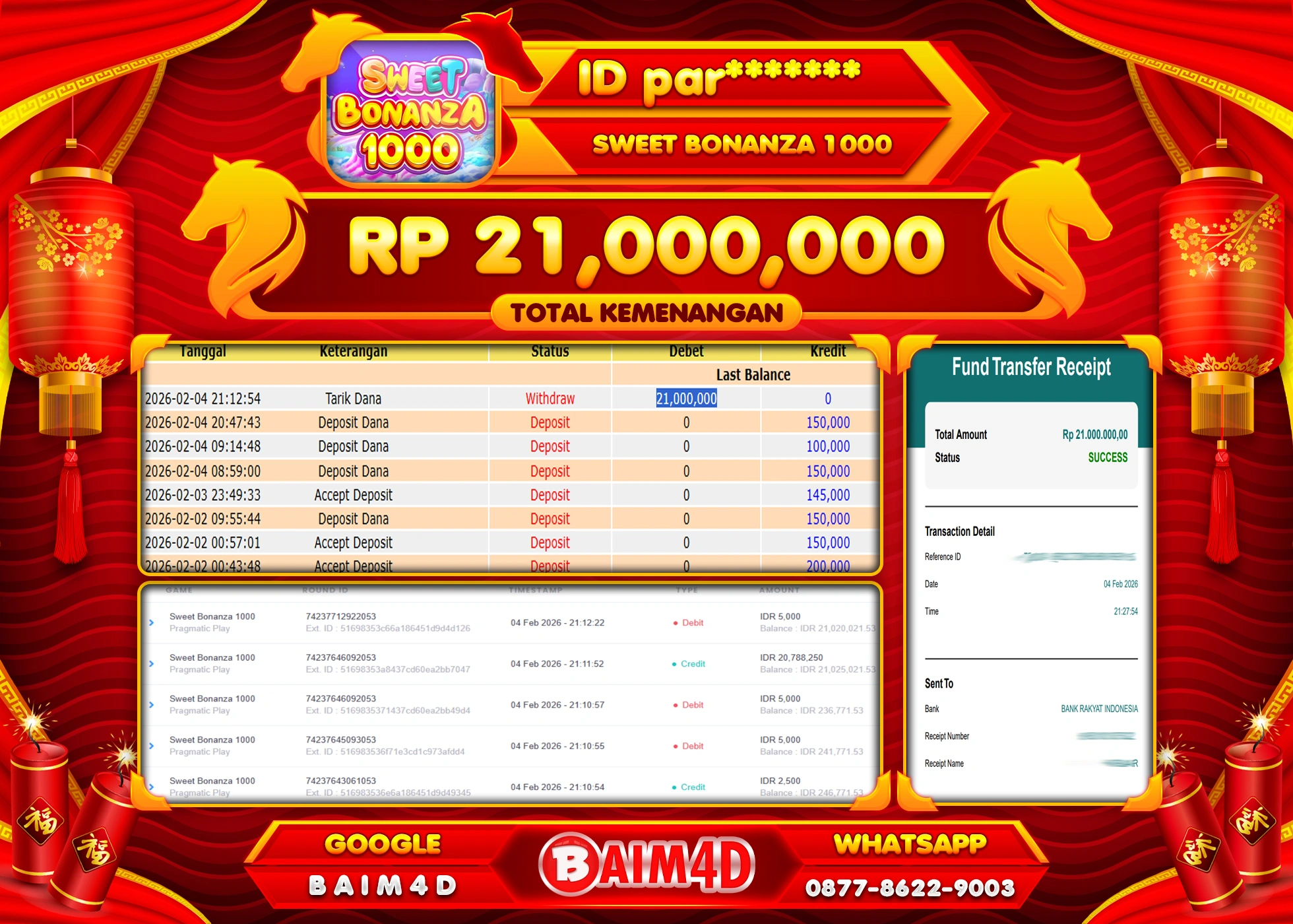 BAIM4D JACKPOT  SLOT SWEET BONANZA 1000 Rp.21,000,000 - LUNAS