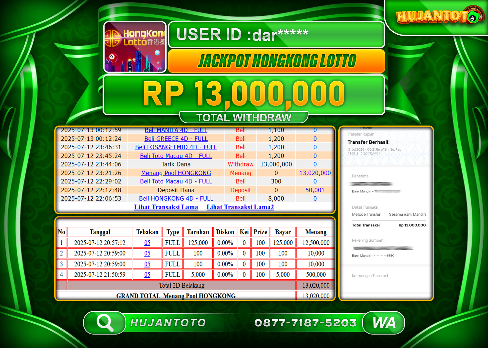 HUJANTOTO - BUKTI JACKPOT MENANG TOGEL HONGKONG LOTTO Rp.13,000,000 - TERBAYAR LUNAS